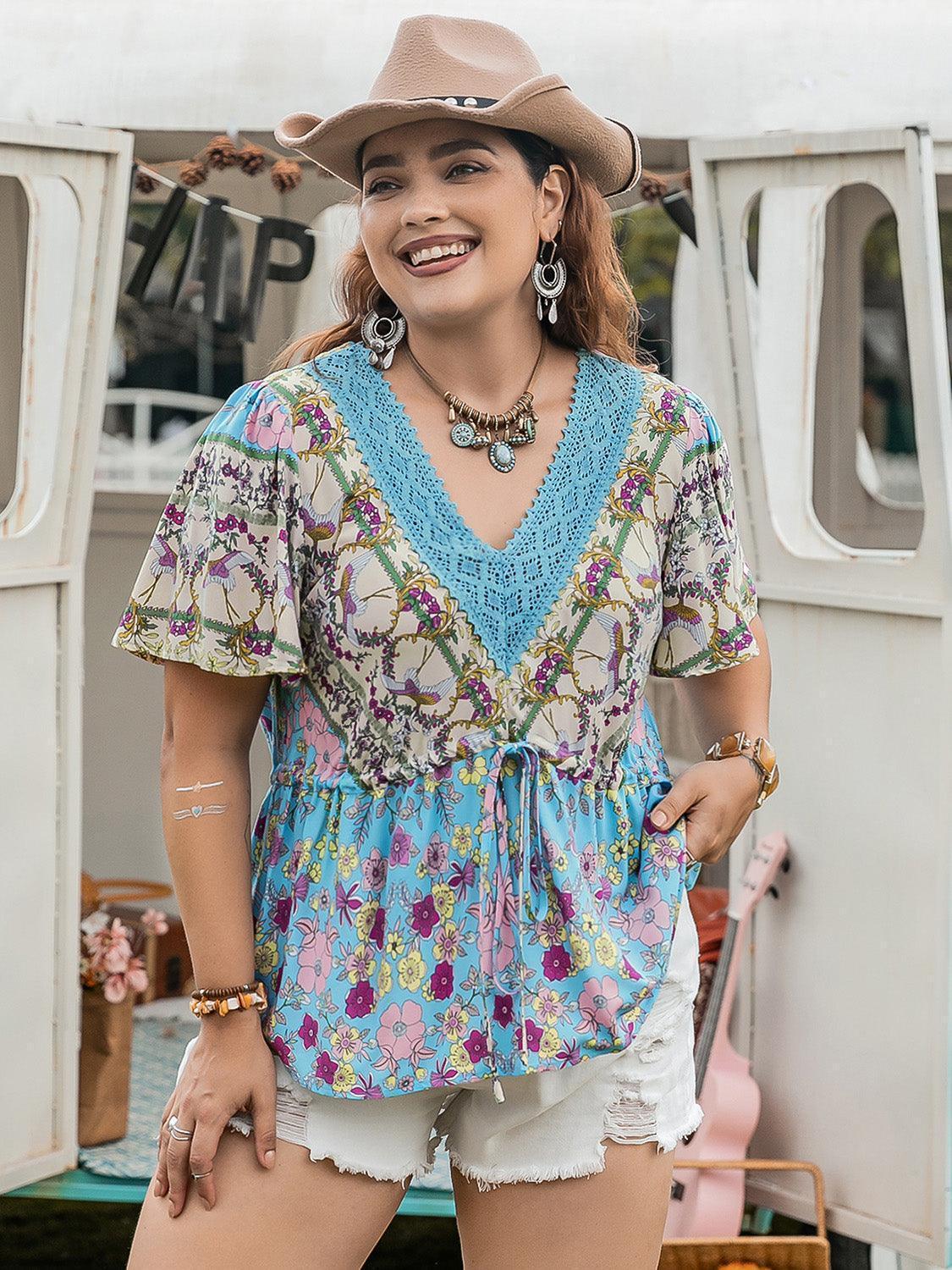 Plus Size Ruched Lace Detail Printed V-Neck Short Sleeve Blouse - ClubOn