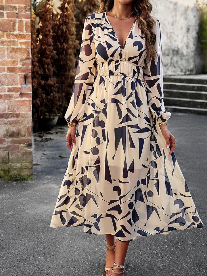 Devine Printed V-Neck Long Sleeve Midi Dress - ClubOn