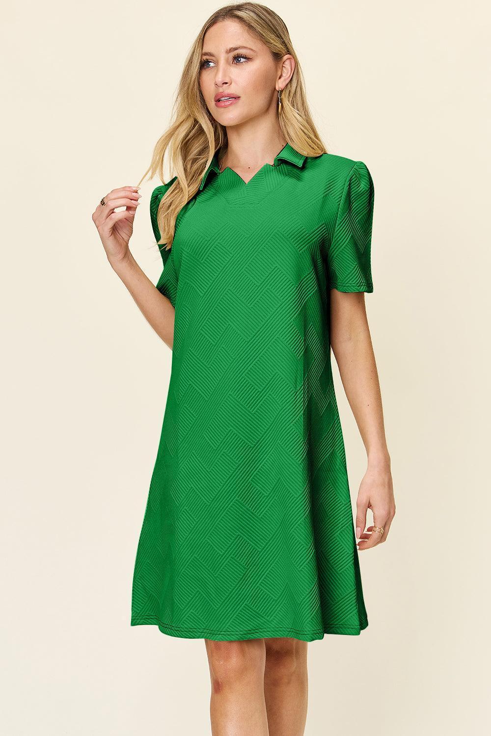 Double Take Full Size Texture Collared Neck Short Sleeve Dress - ClubOn