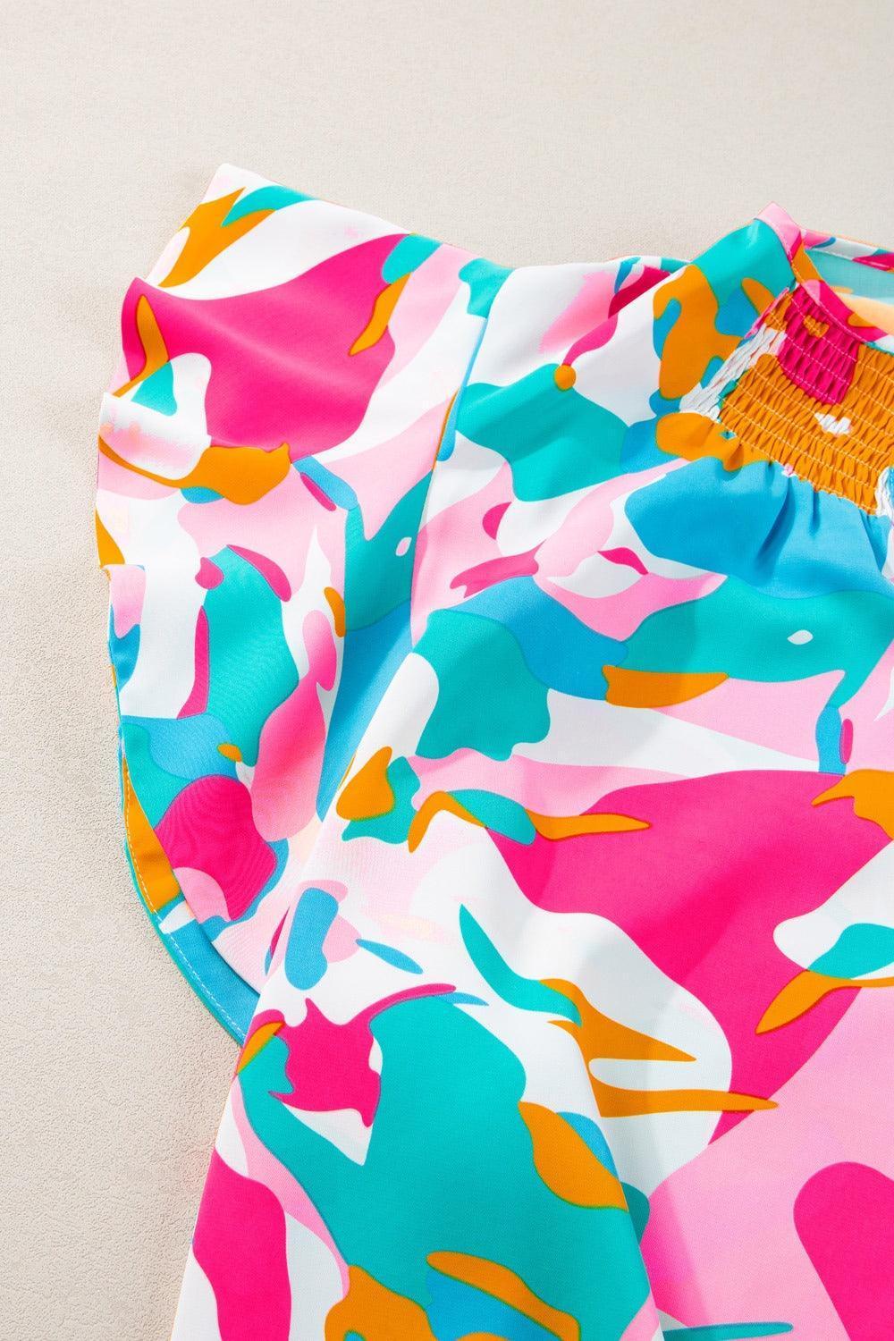 Plus Size Ruffled Printed Notched Cap Sleeve Blouse - ClubOn