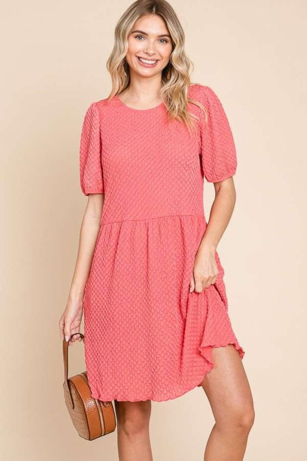 Culture Code Full Size Textured Round Neck Puff Sleeve Dress - ClubOn