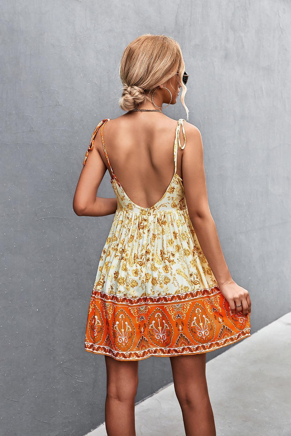 Bohemian Tie Shoulder Surplice Backless Dress - ClubOn