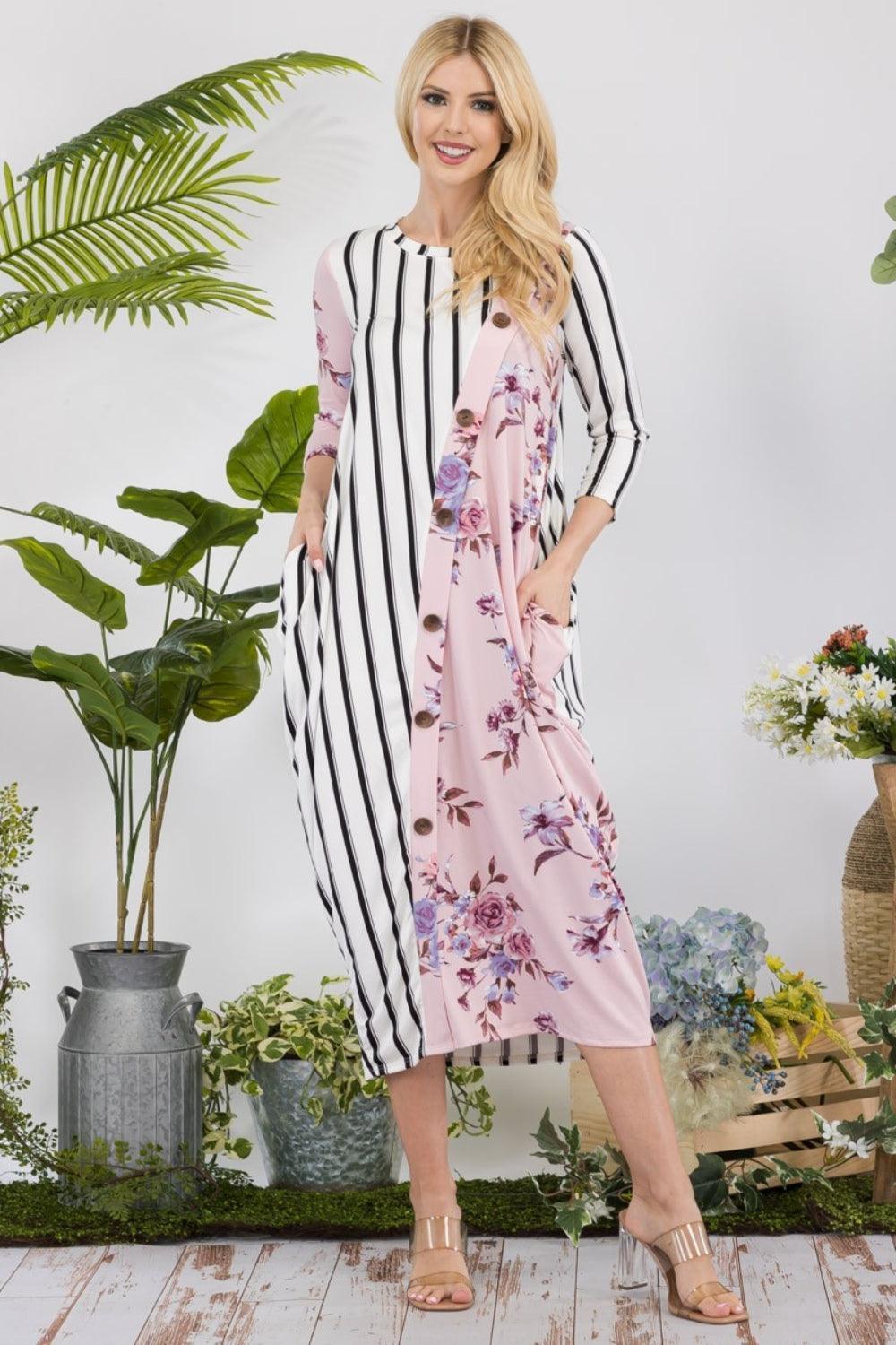 Celeste Full Size Floral Striped Contrast Midi-Dress with Pockets - ClubOn