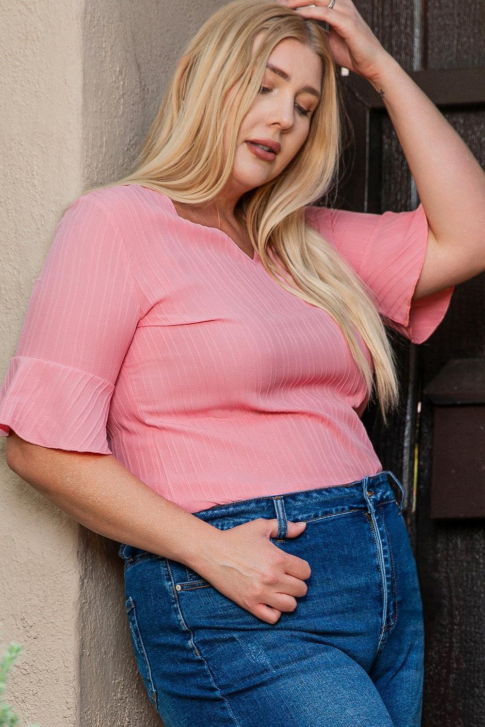 Plus Size V-Neck Half Sleeve Blouse - ClubOn