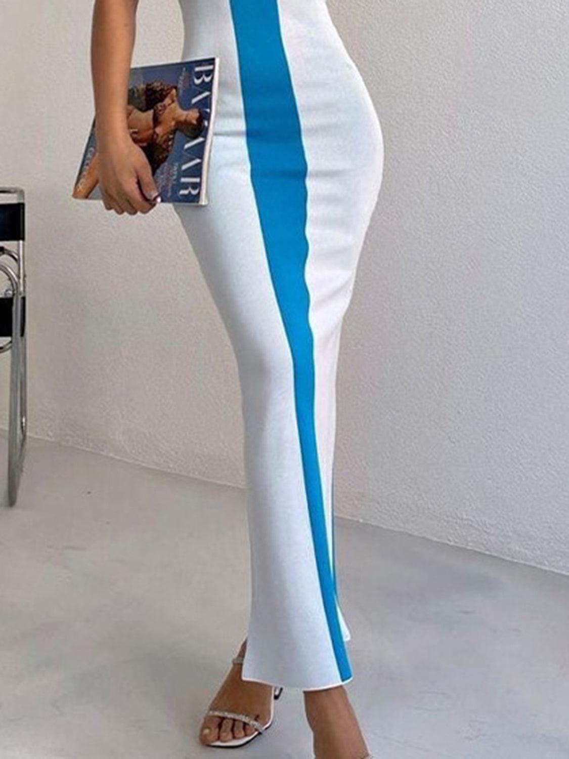 Contrast Wide Strap Slit Midi Dress - ClubOn