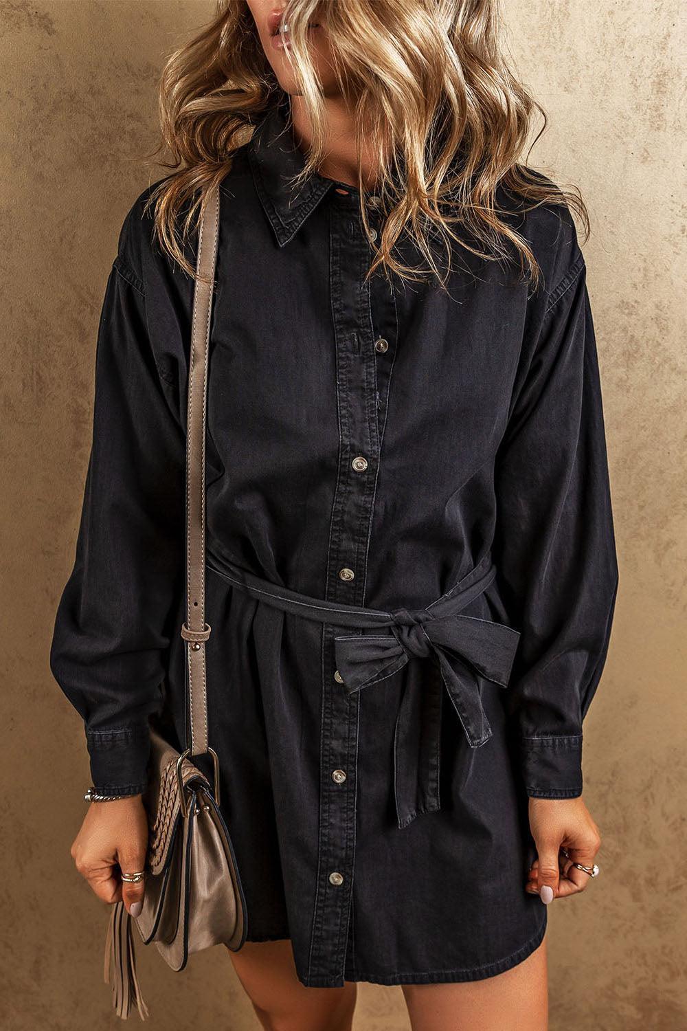 Button Up Collared Neck Denim Dress - ClubOn