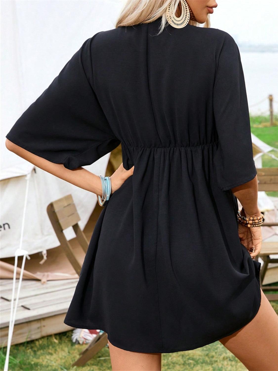 Embroidered Plunge Half Sleeve Mini Dress - ClubOn