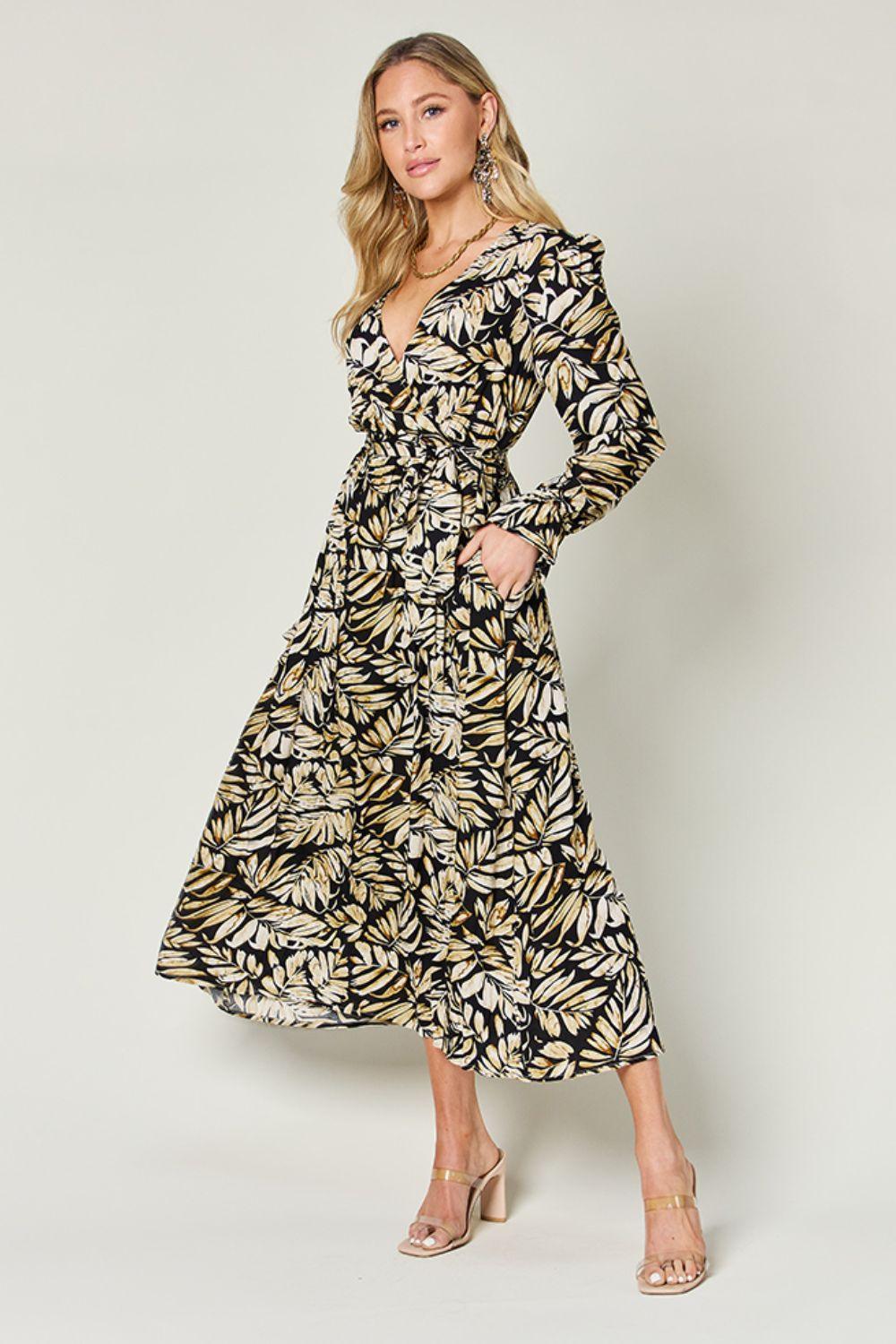 Double Take Full Size Tie Back Flounce Sleeve Dress - ClubOn