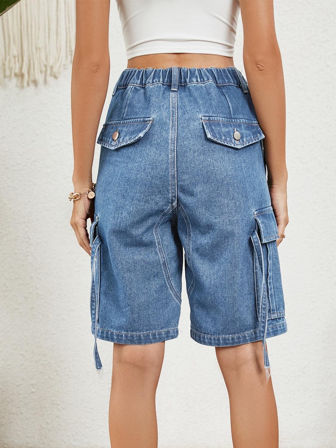 Buttoned Elastic Waist Denim Shorts with Pockets - ClubOn