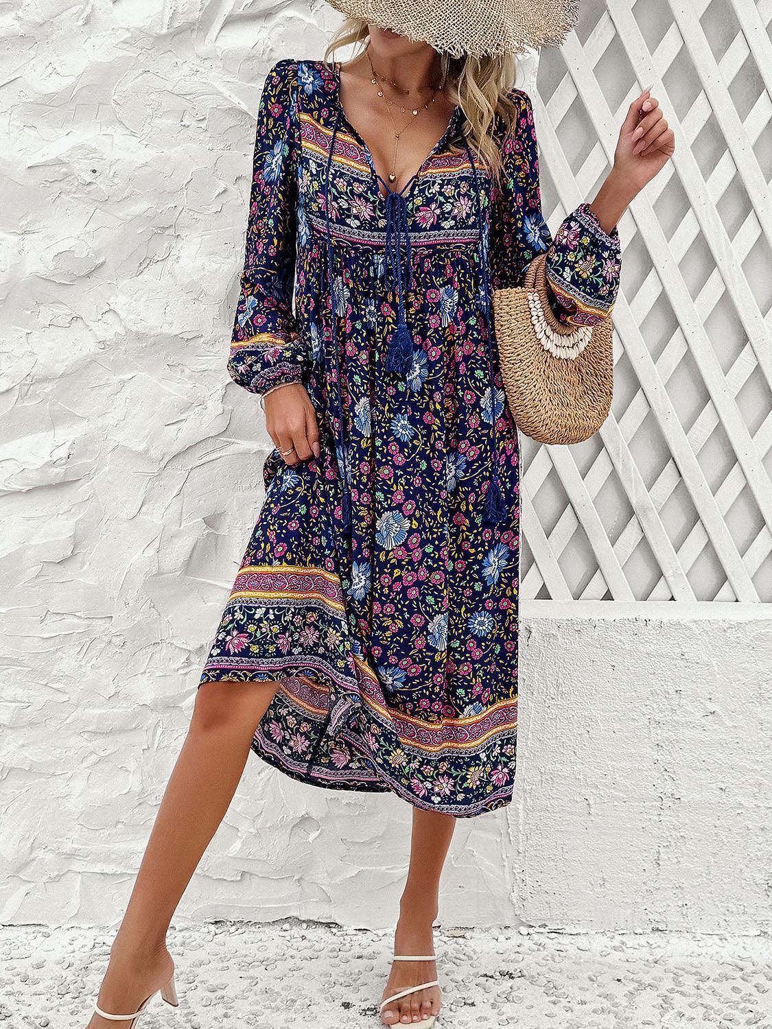 Devine Tassel Tied Printed Long Sleeve Dress - ClubOn