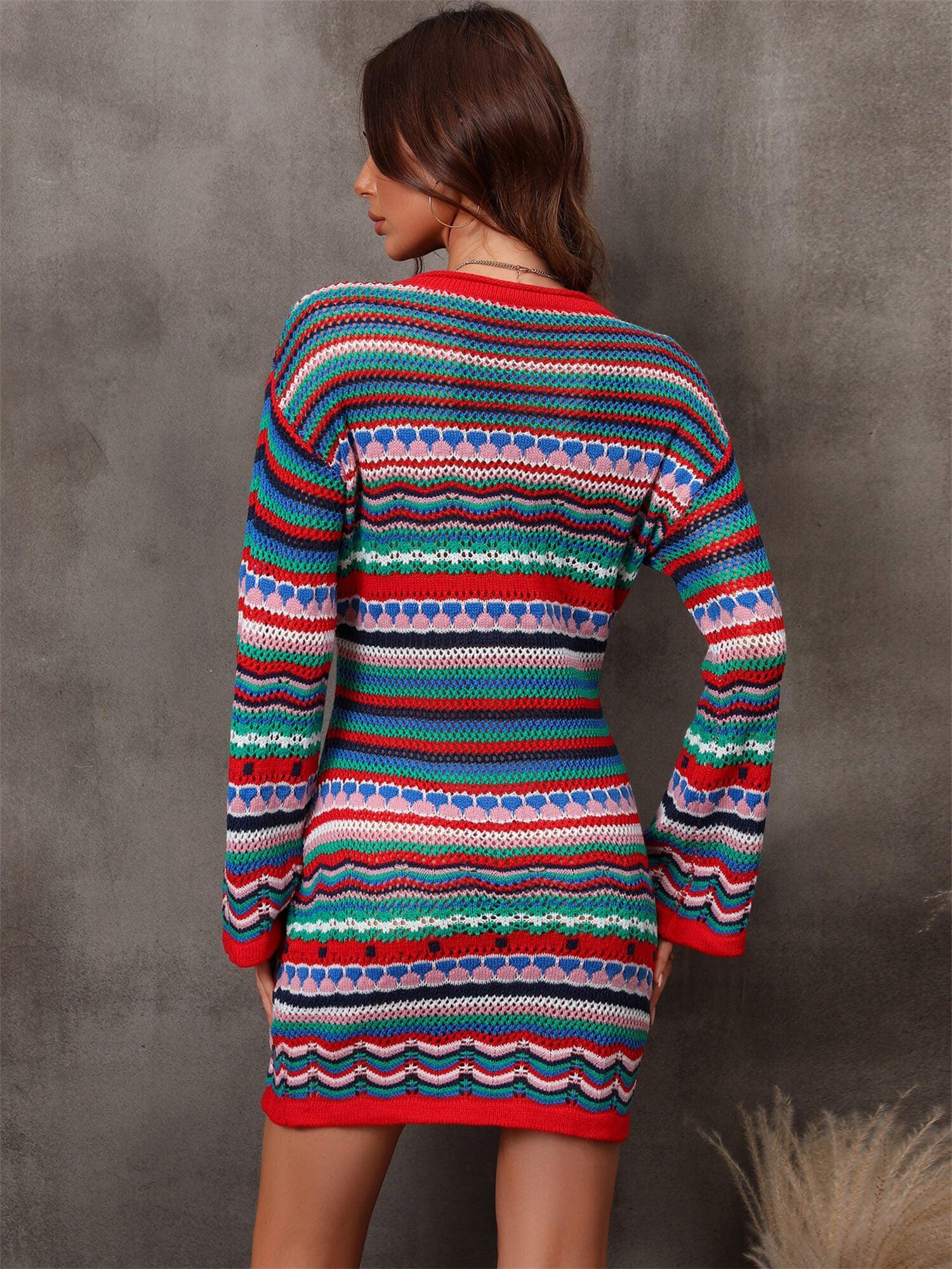 Angel Wings Multicolored Stripe Dropped Shoulder Sweater Dress - ClubOn