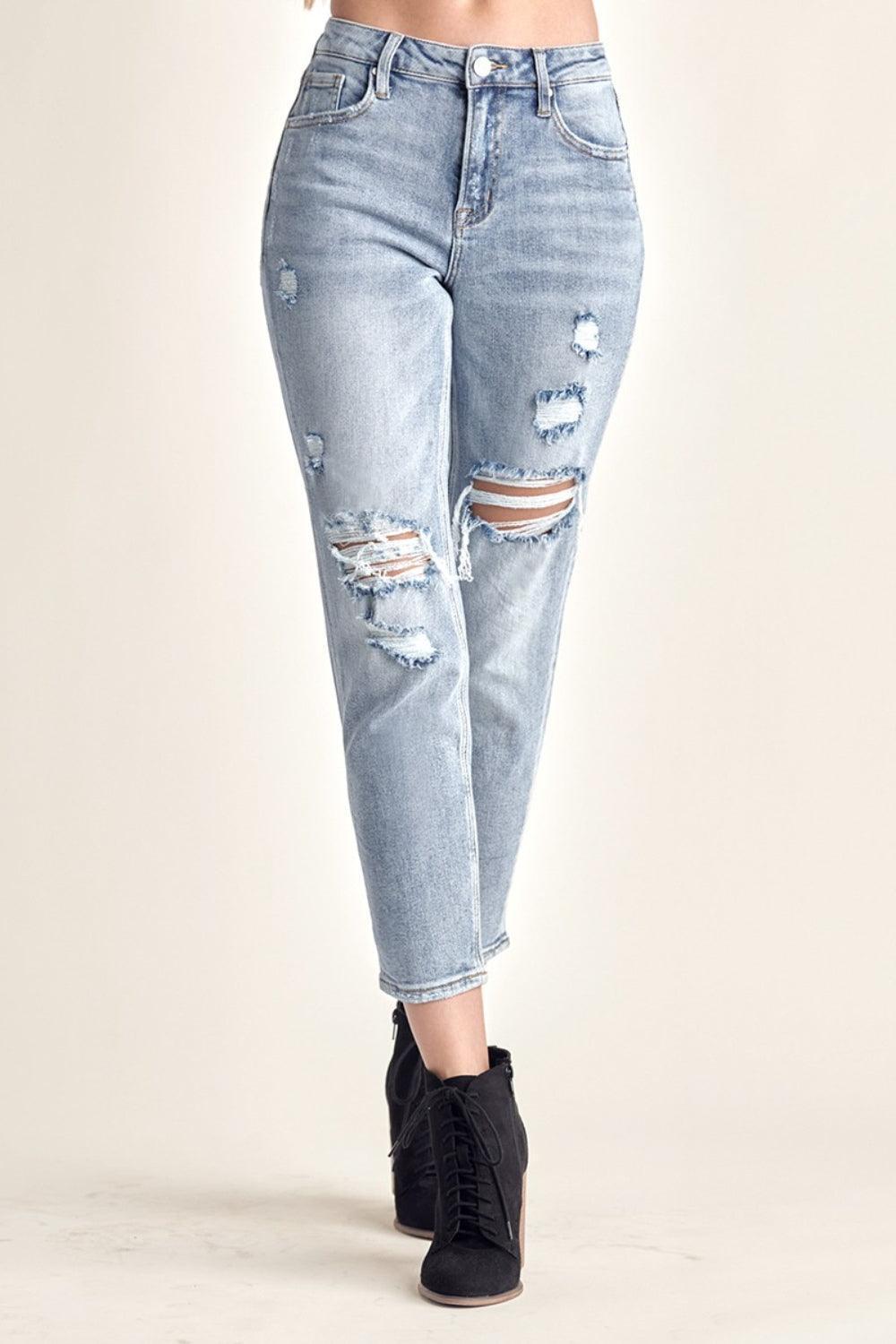 RISEN Distressed Slim Cropped Jeans - ClubOn
