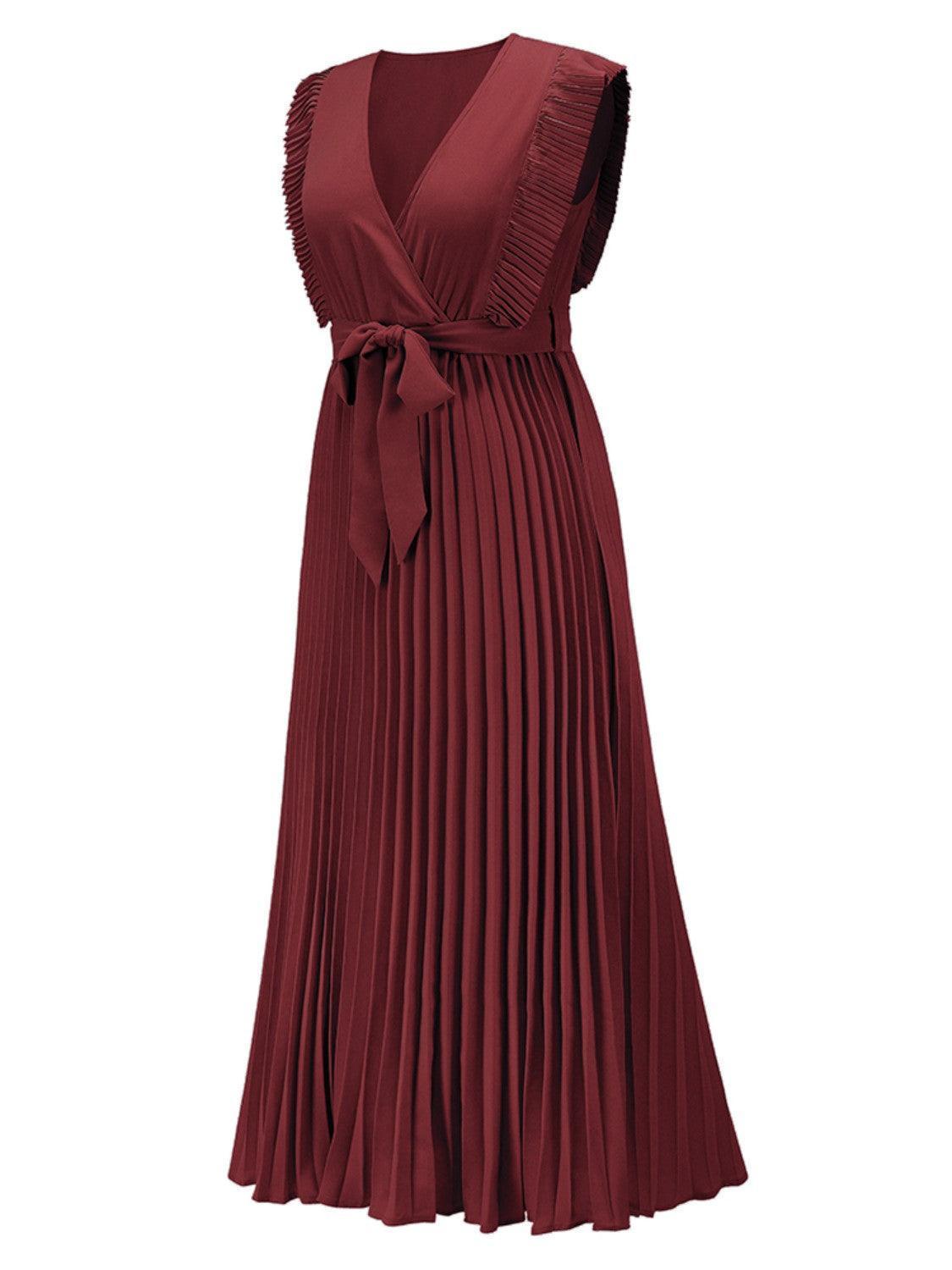 Tied Surplice Cap Sleeve Pleated Dress - ClubOn