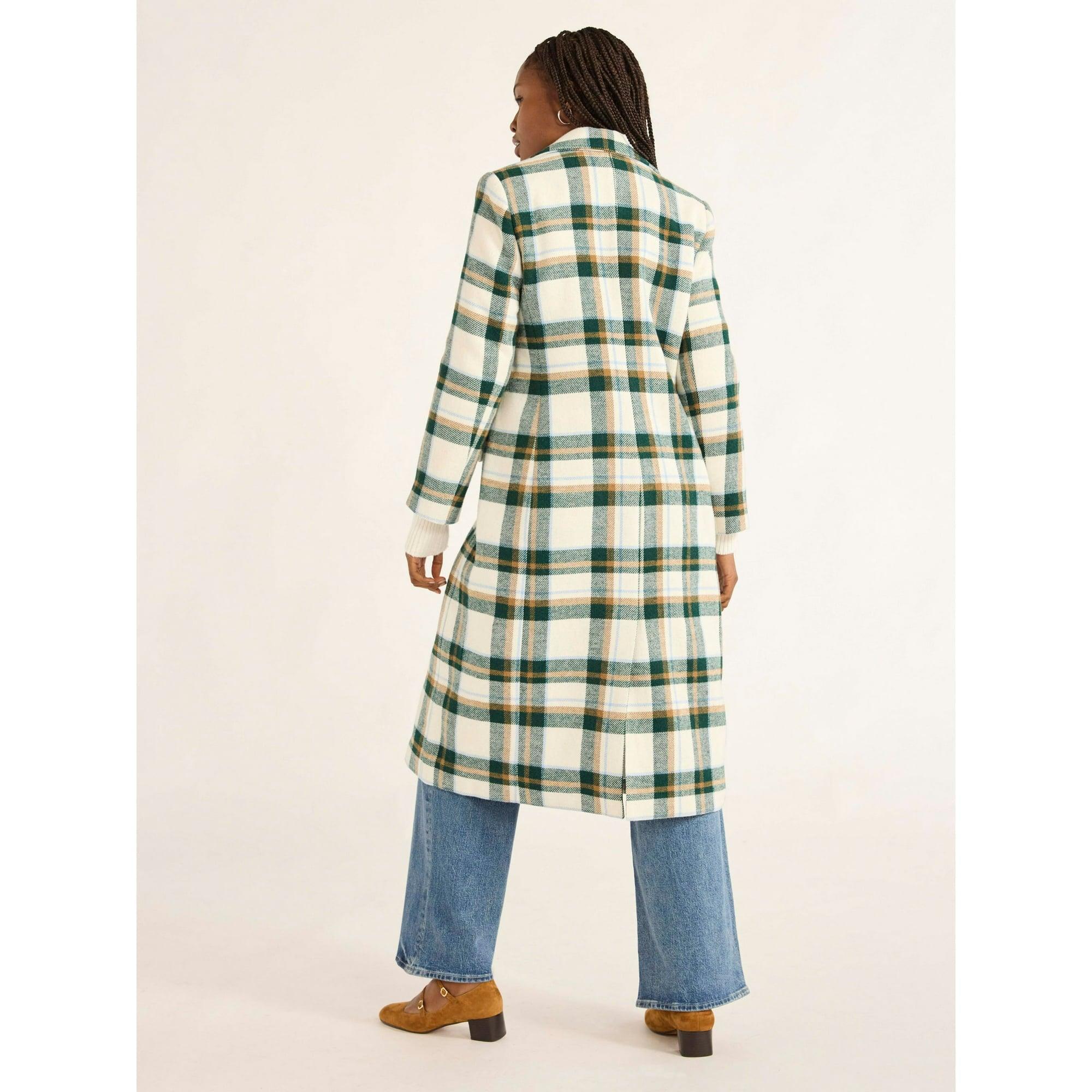 Free Assembly Women’s & Women's Plus Plaid Wool Blend Long Coat, Sizes XS-4X - ClubOn