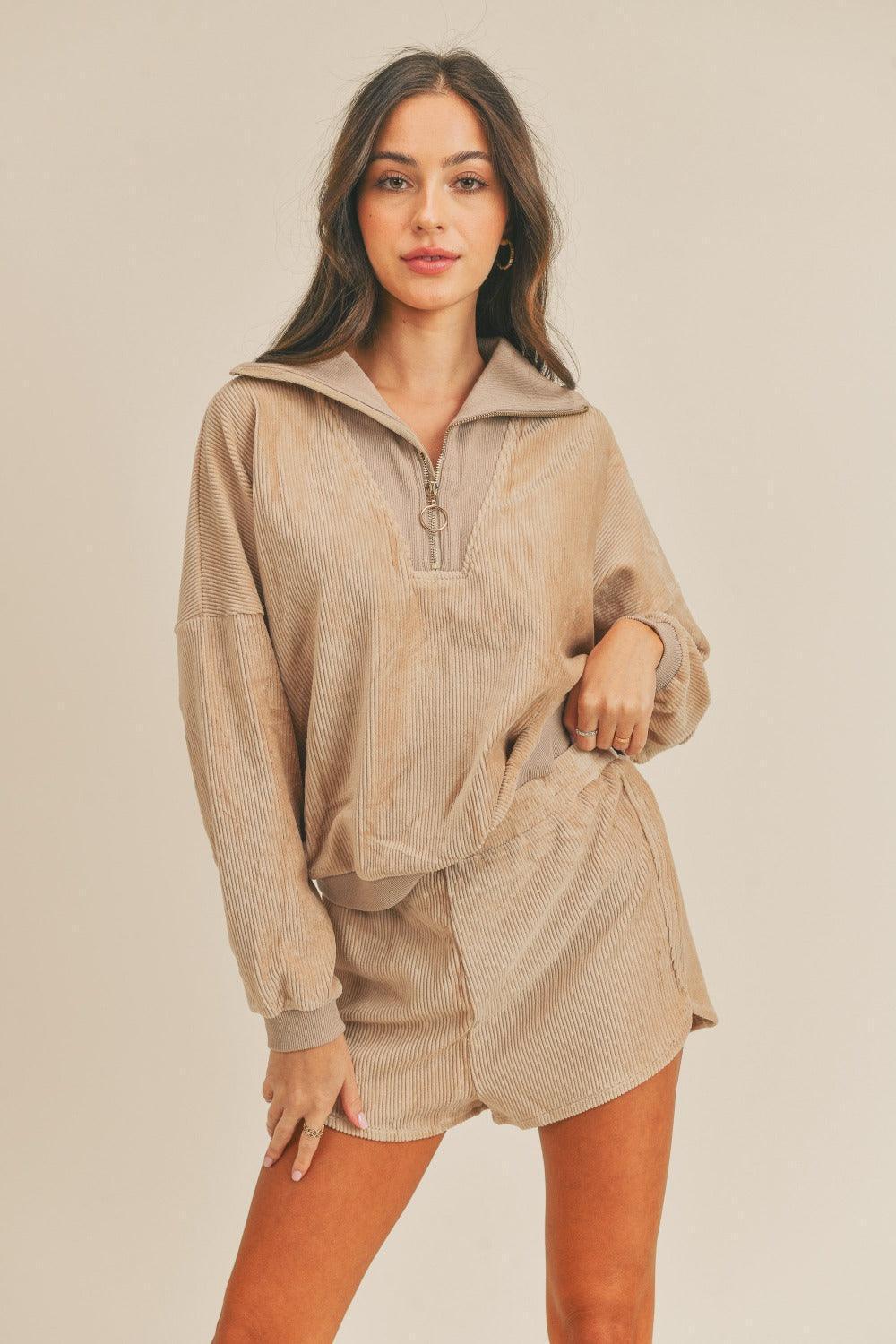 MABLE Corduroy Half Zip Top and Shorts Set - ClubOn