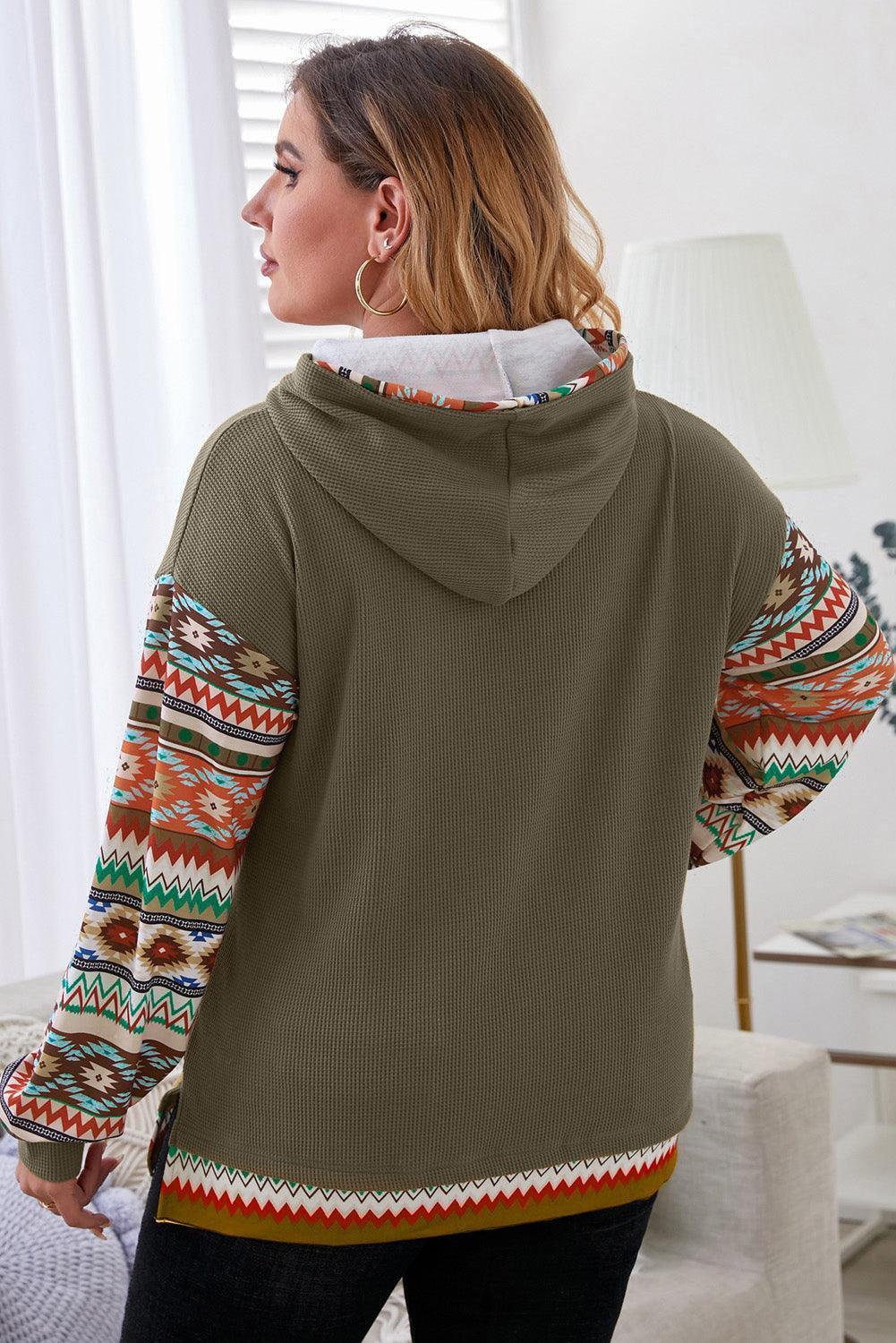 Plus Size Waffle-Knit Geometric Dropped Shoulder Hoodie - ClubOn