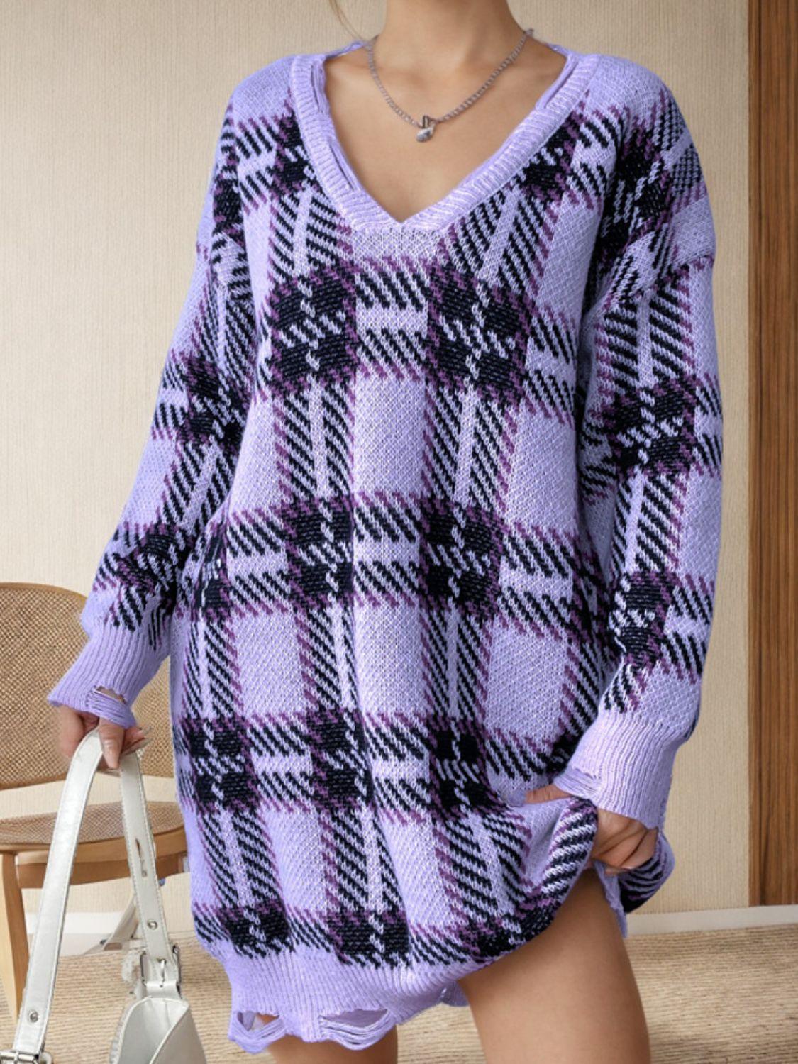 Distressed Plaid V-Neck Long Sleeve Sweater Dress - ClubOn