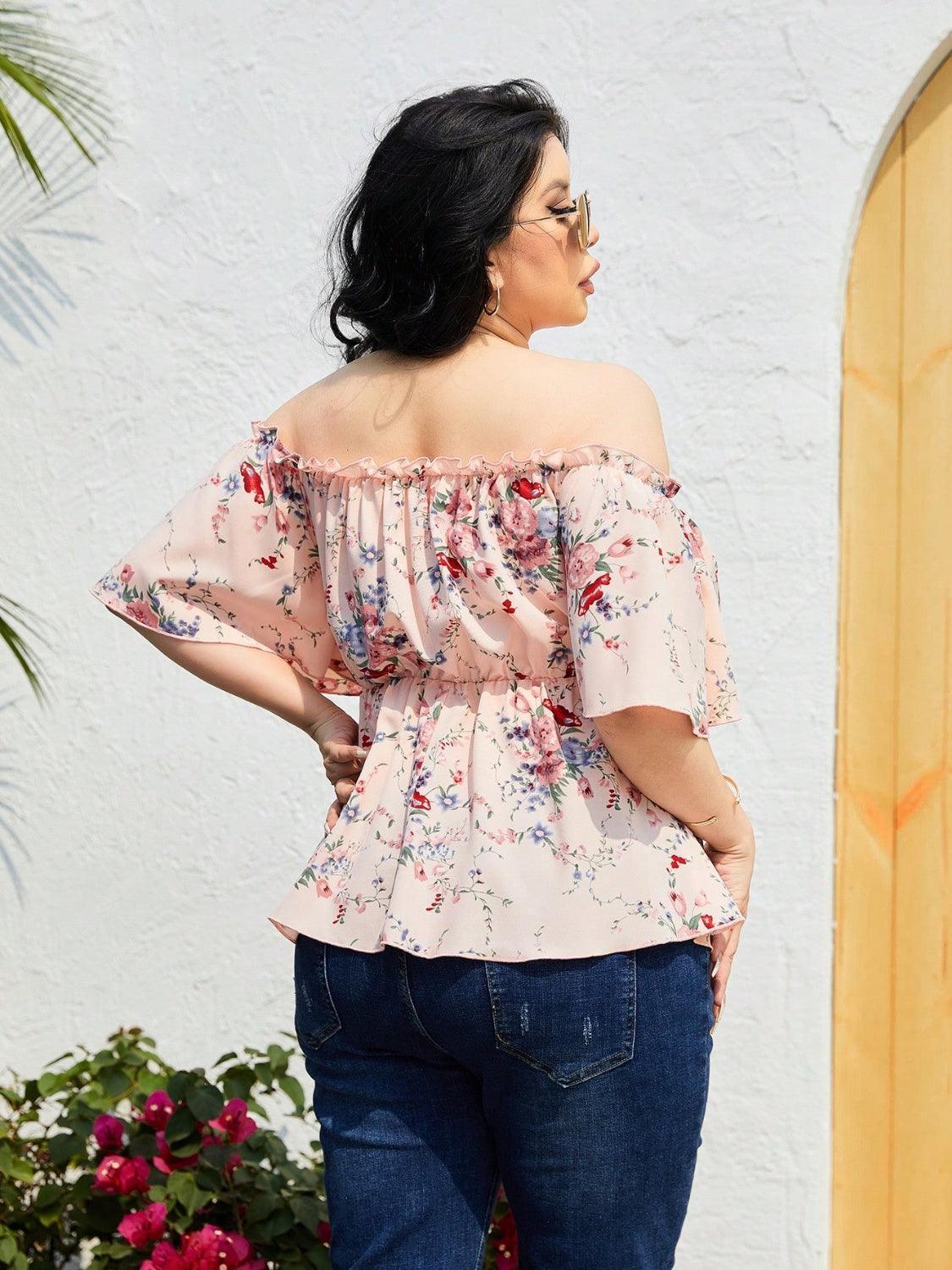 Plus Size Frill Printed Flutter Sleeve Blouse - ClubOn