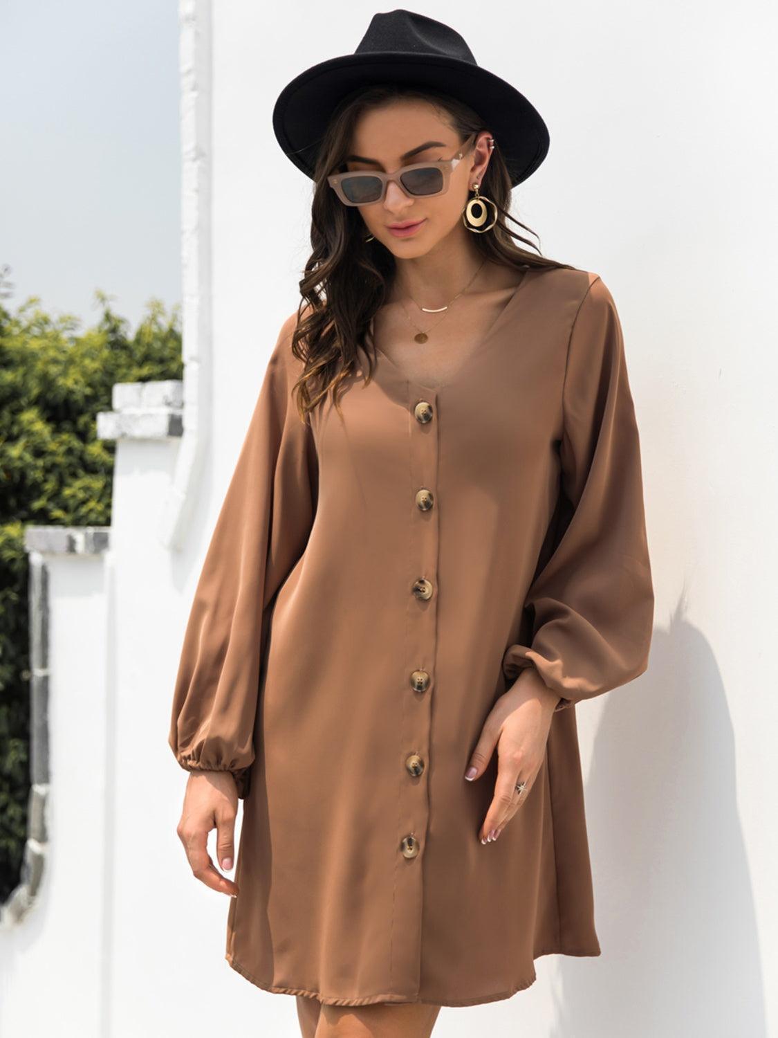 V-Neck Long Sleeve Mini Dress - ClubOn