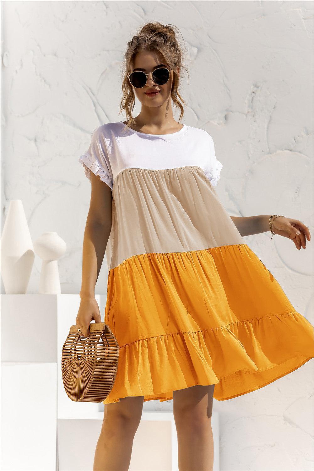 Color Block Round Neck Ruffle Hem Dress - ClubOn
