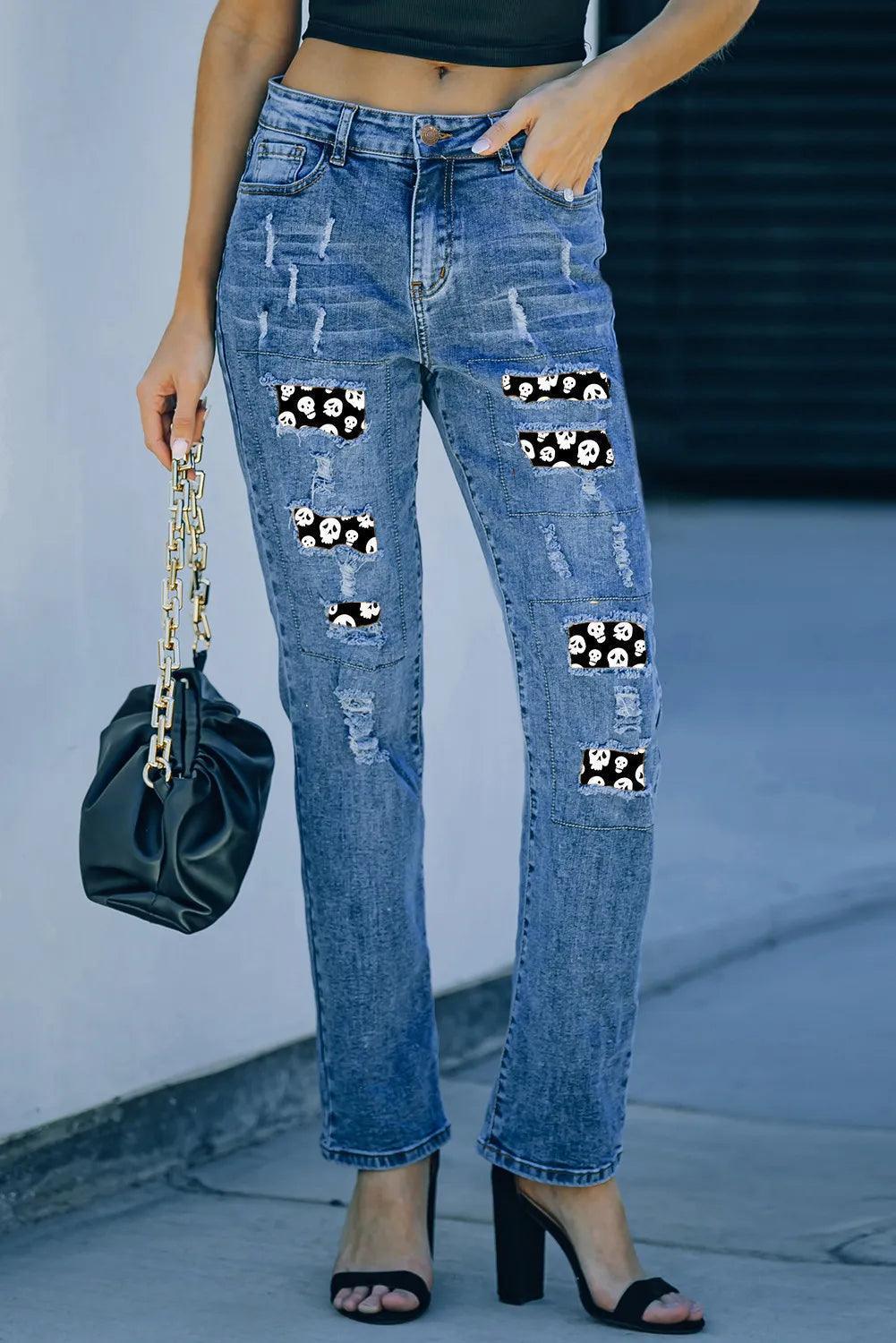 Distressed Skeleton Pattern Jeans with Pockets - ClubOn