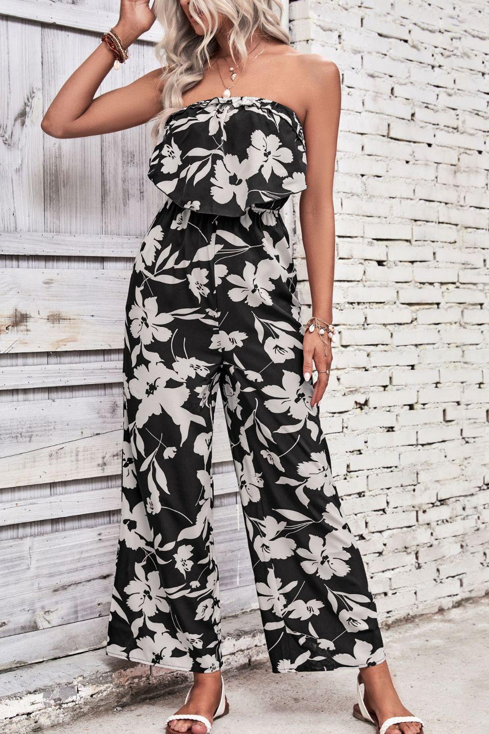Perfee Floral Strapless Wide Leg Jumpsuit - ClubOn