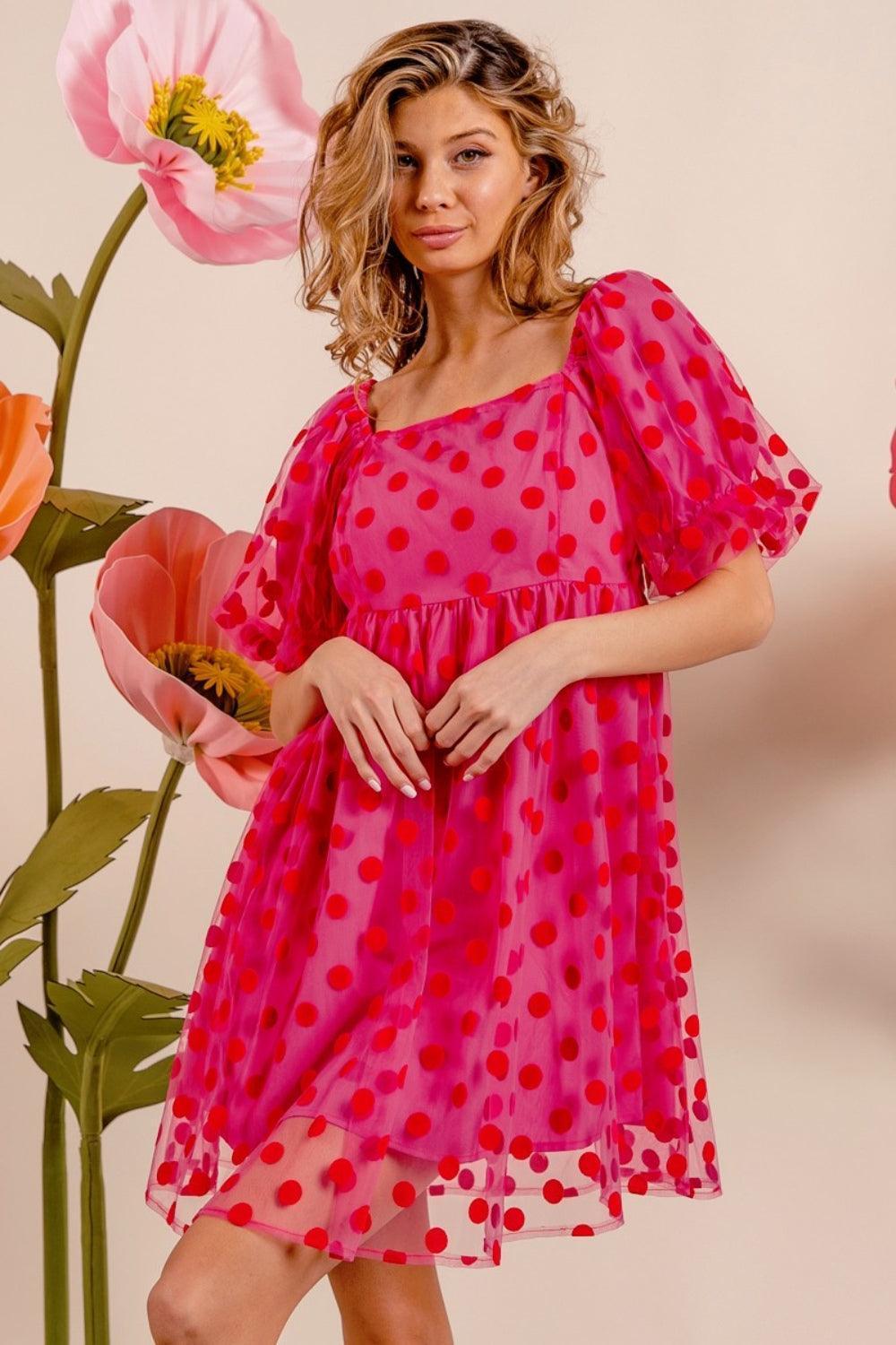 BiBi Polka Dot Mesh Puff Sleeve Dress - ClubOn