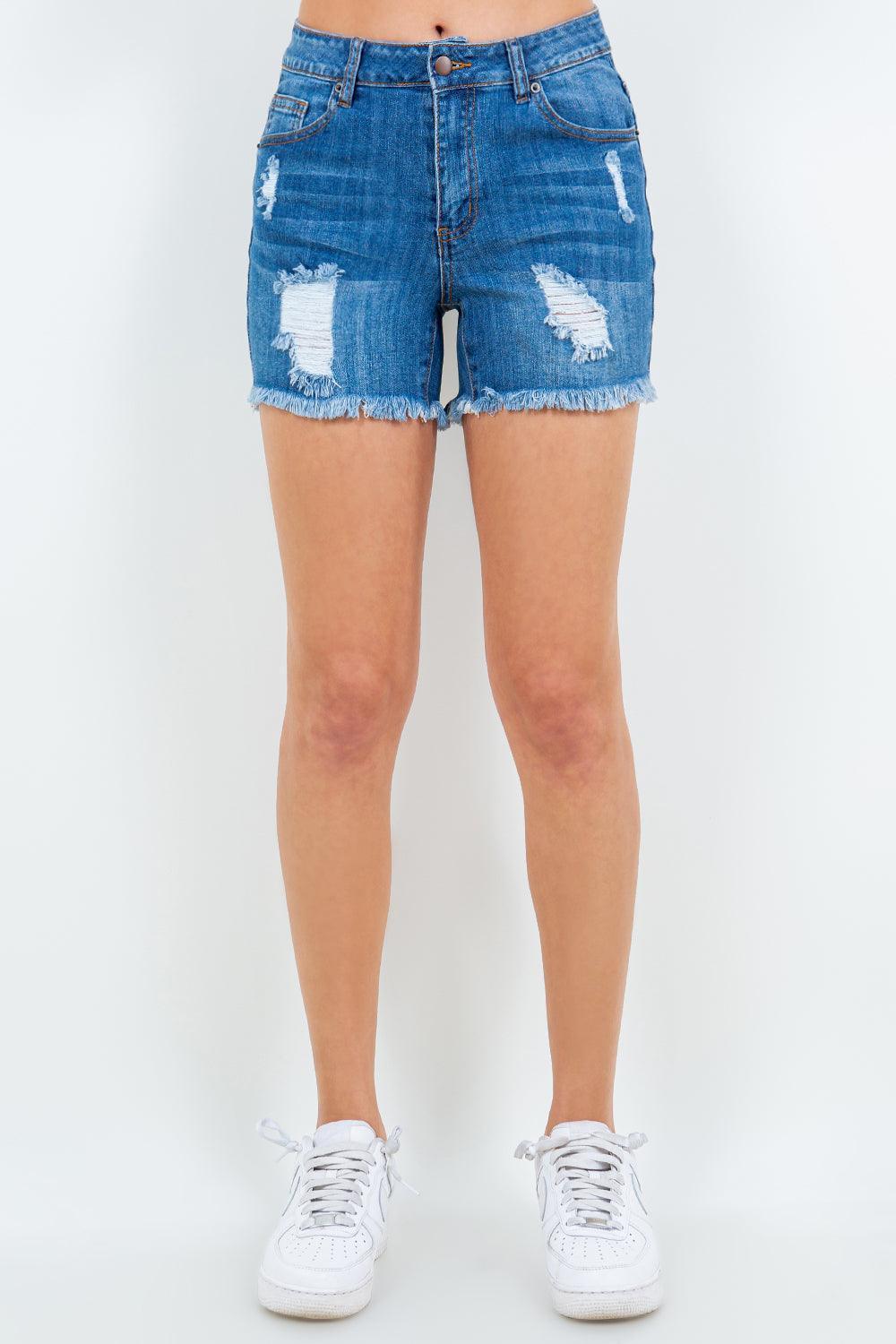 American Bazi High Waist Distressed Frayed Denim Shorts - ClubOn