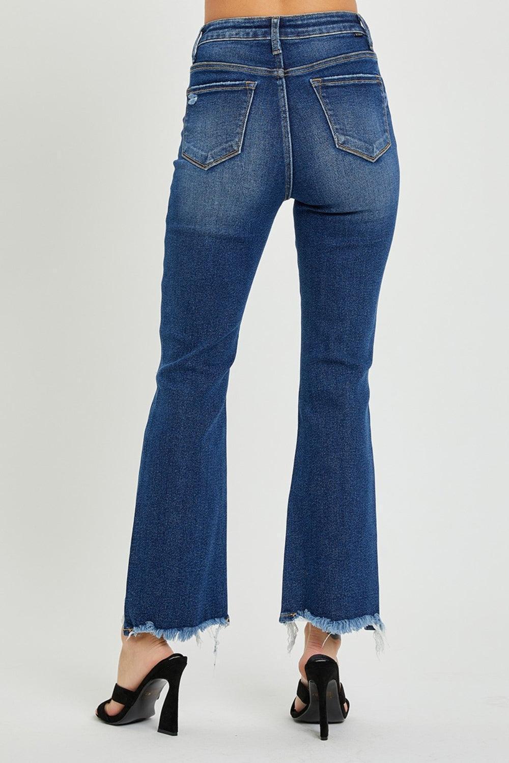 RISEN High Rise Distressed Crop Flare Jeans - ClubOn