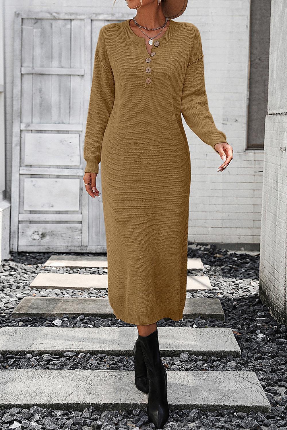 Decorative Button Notched Dropped Shoulder Sweater Dress - ClubOn