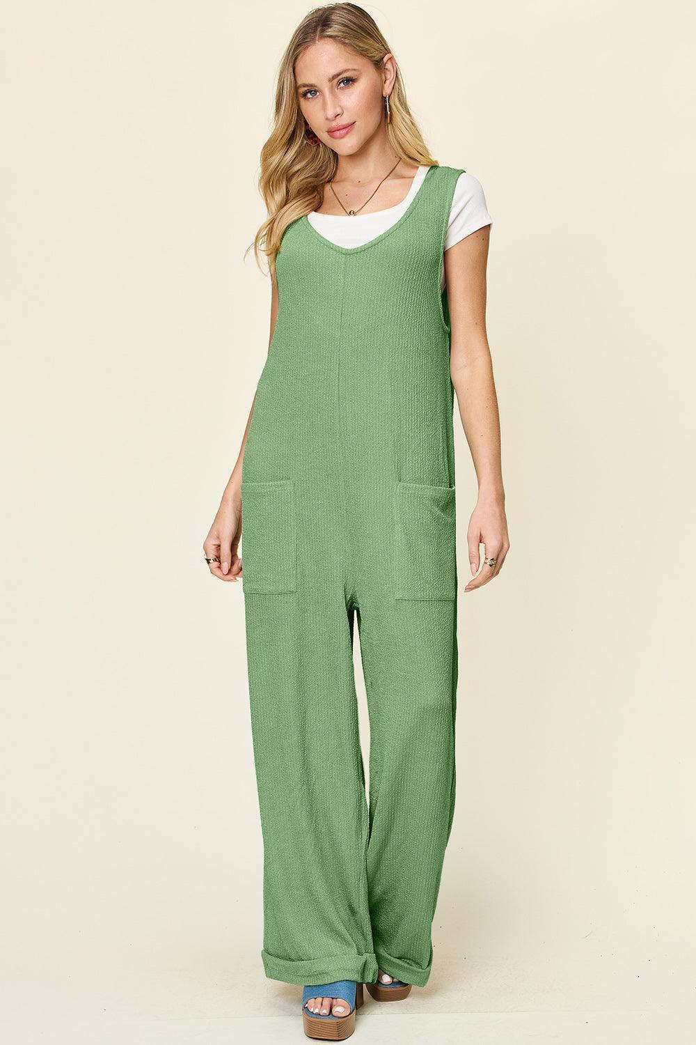 Double Take Full Size Texture Sleeveless Wide Leg Jumpsuit - ClubOn