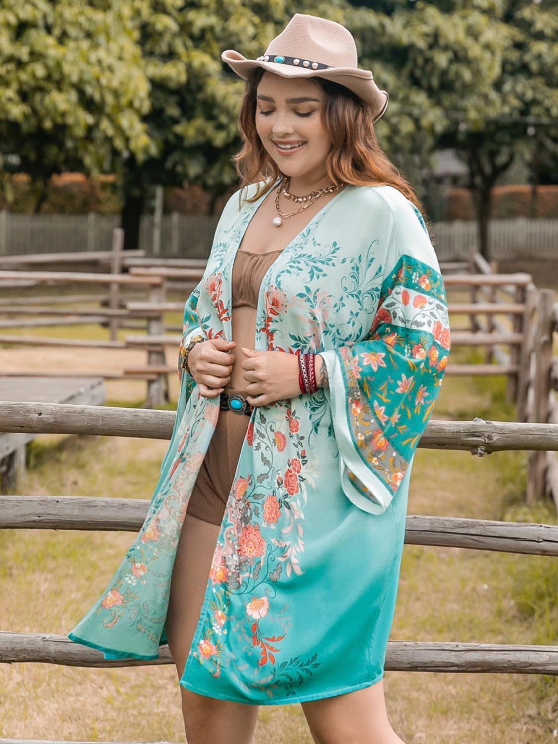 Plus Size Printed Open Front Long Sleeve Cover Up - ClubOn