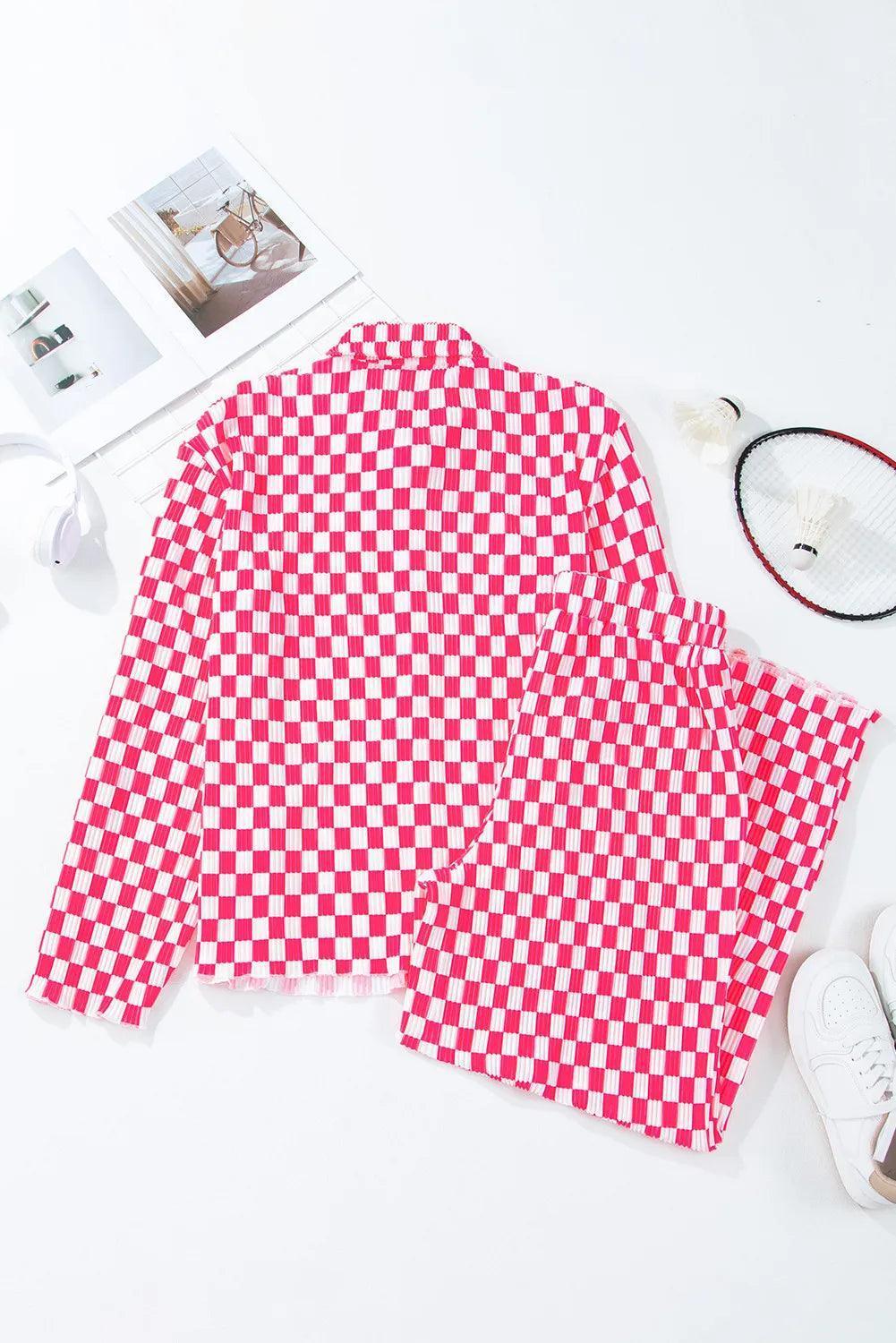 Checkered Button Up Top and Pants Lounge Set - ClubOn