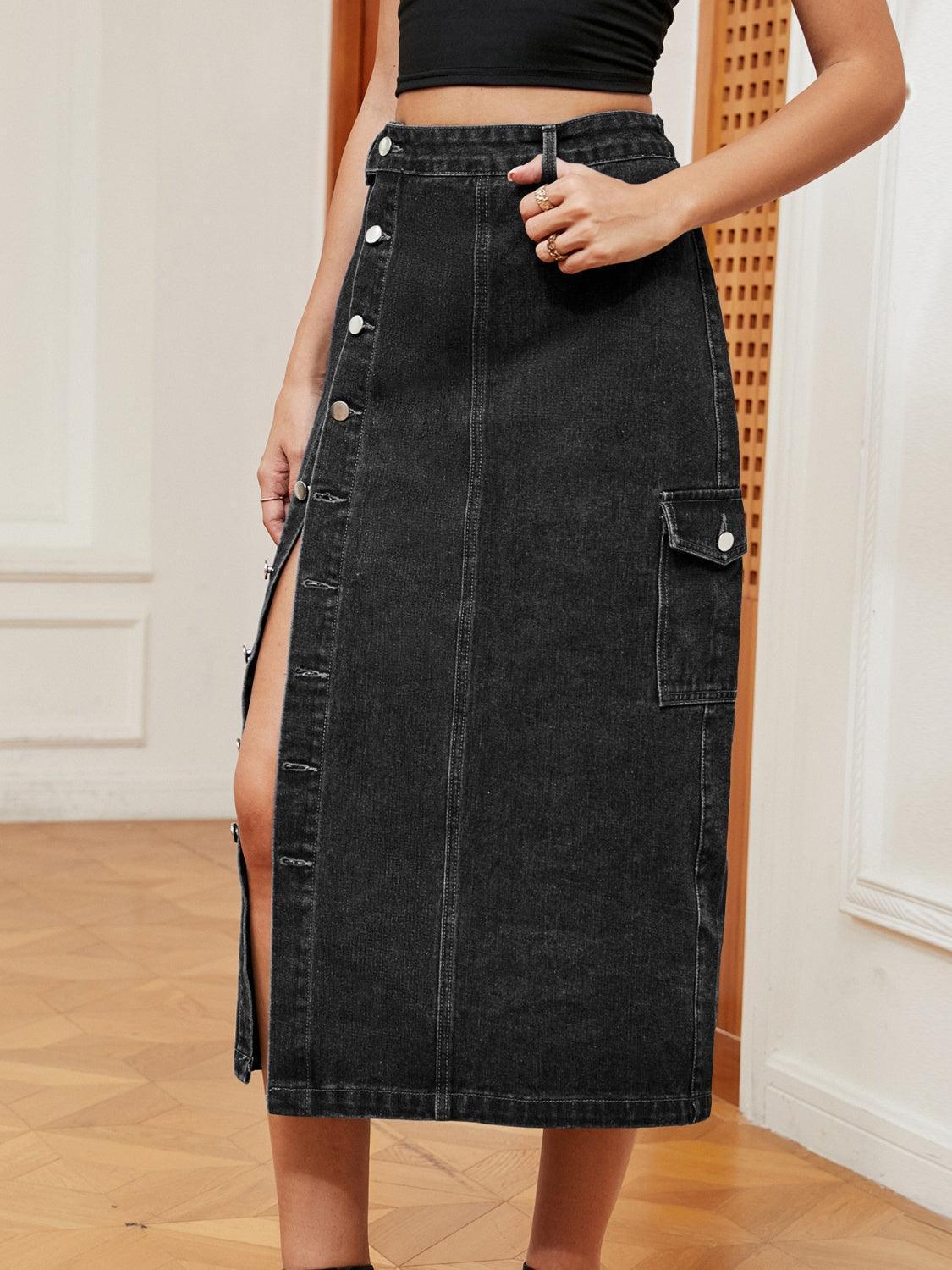 Button Down Midi Denim Skirt - ClubOn