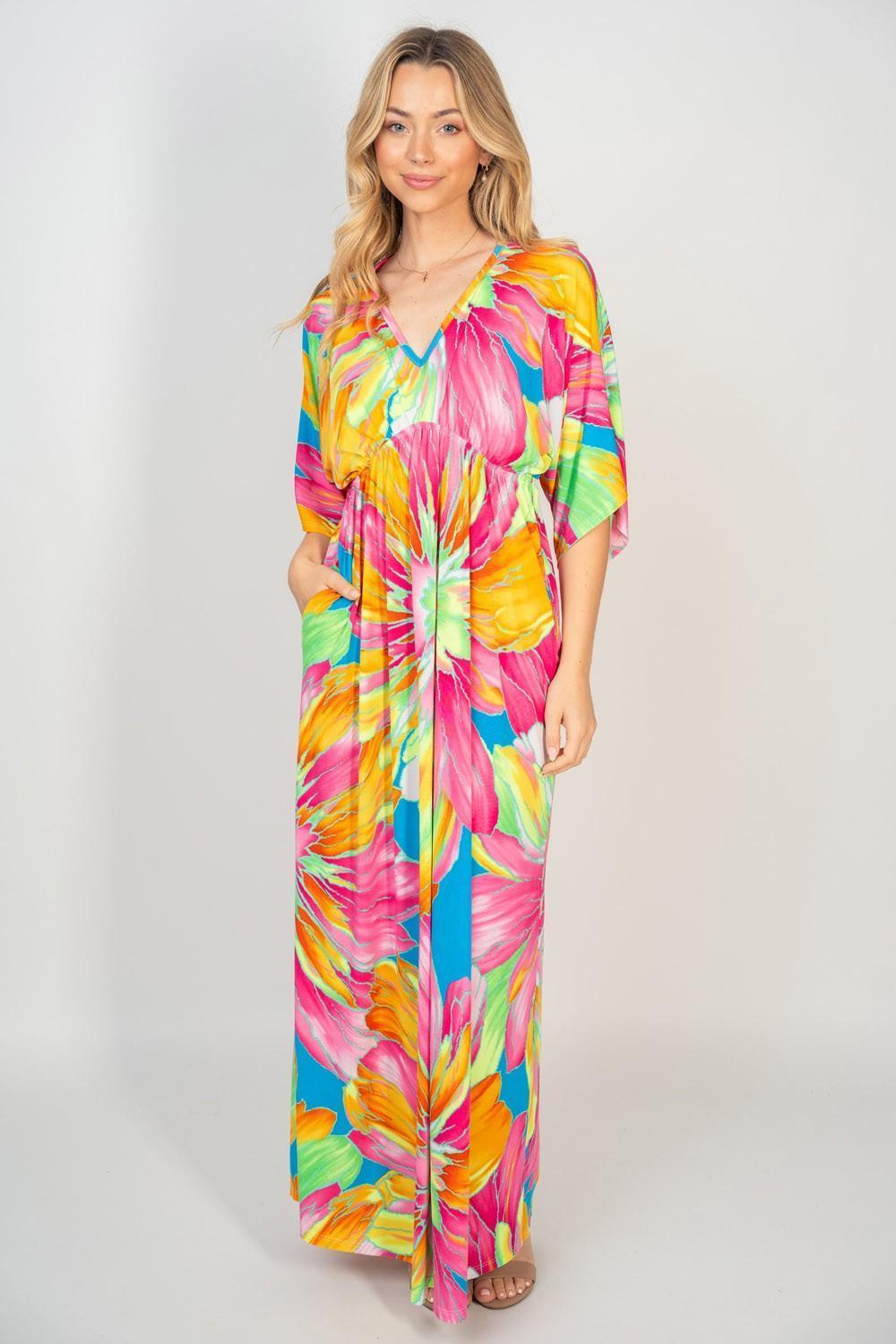 White Birch Printed V-Neck Maxi Dress with Pockets - ClubOn