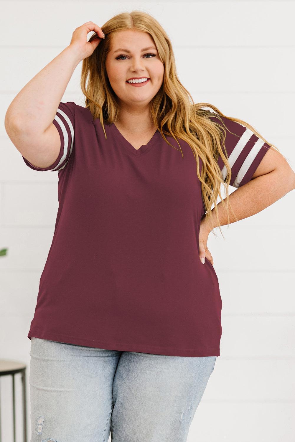 Plus Size Striped V-Neck Tee Shirt - ClubOn