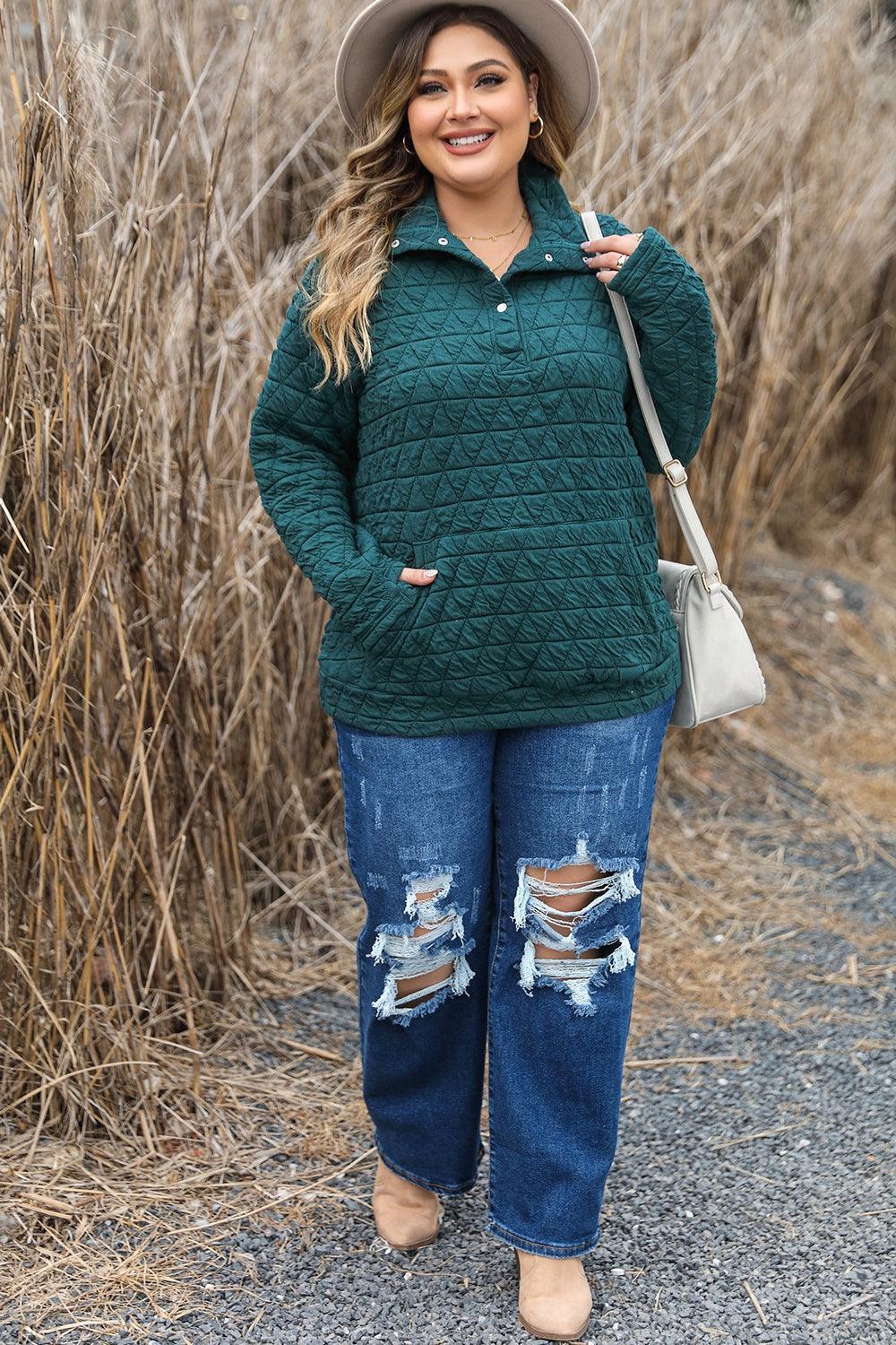 Plus Size Quarter Snap Quilted Sweatshirt - ClubOn