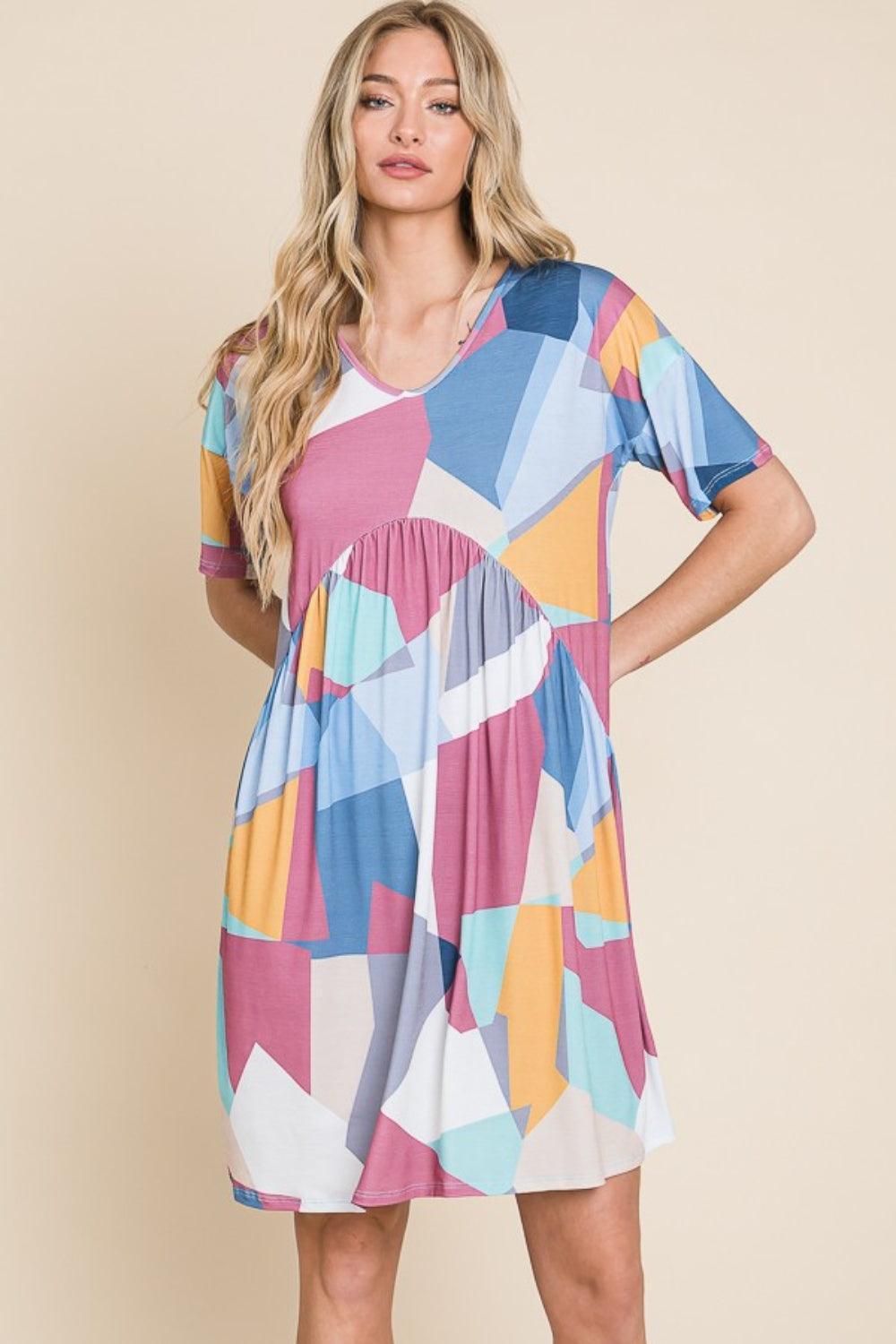 BOMBOM Ruched Color Block Short Sleeve Dress - ClubOn