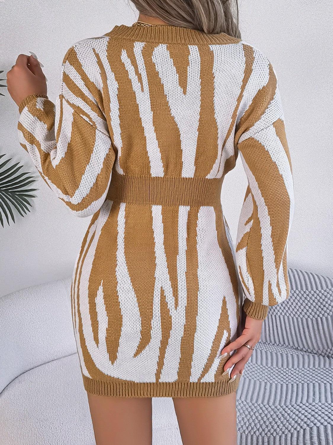 Animal Print V-Neck Long Sleeve Sweater Dress - ClubOn