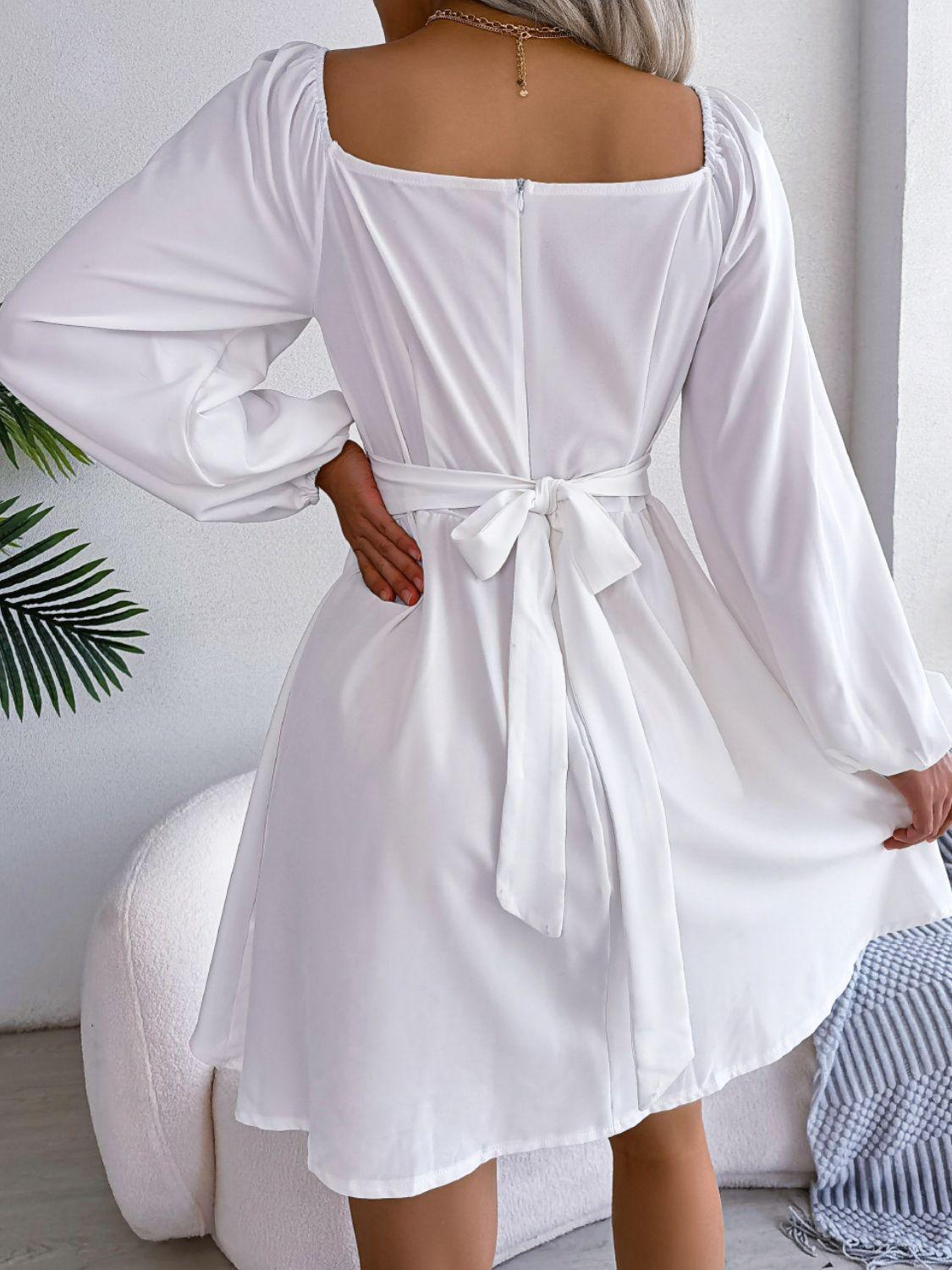 Tied Square Neck Balloon Sleeve Dress - ClubOn