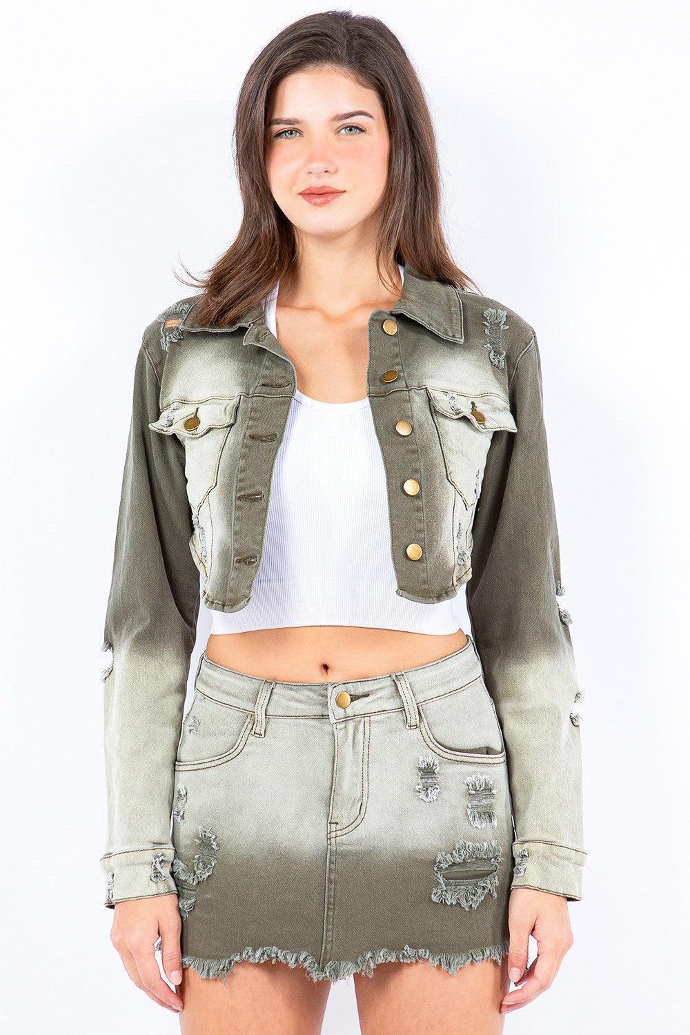 American Bazi Distressed Ombre Washed Cropped Denim Jacket - ClubOn
