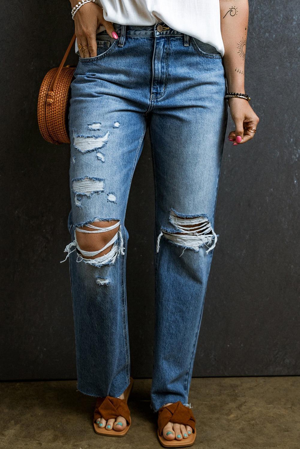 Distressed Raw Hem Jeans with Pockets - ClubOn