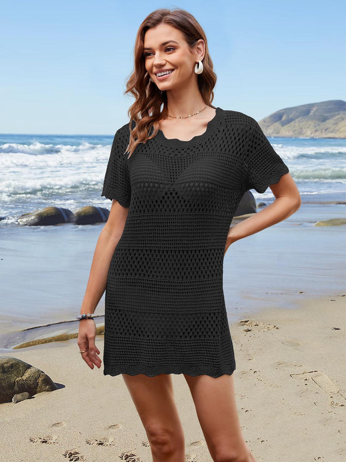 Openwork Round Neck Short Sleeve Cover-UP - ClubOn