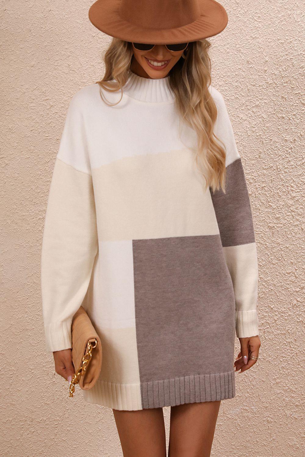 Color Block Mock Neck Dropped Shoulder Sweater Dress - ClubOn