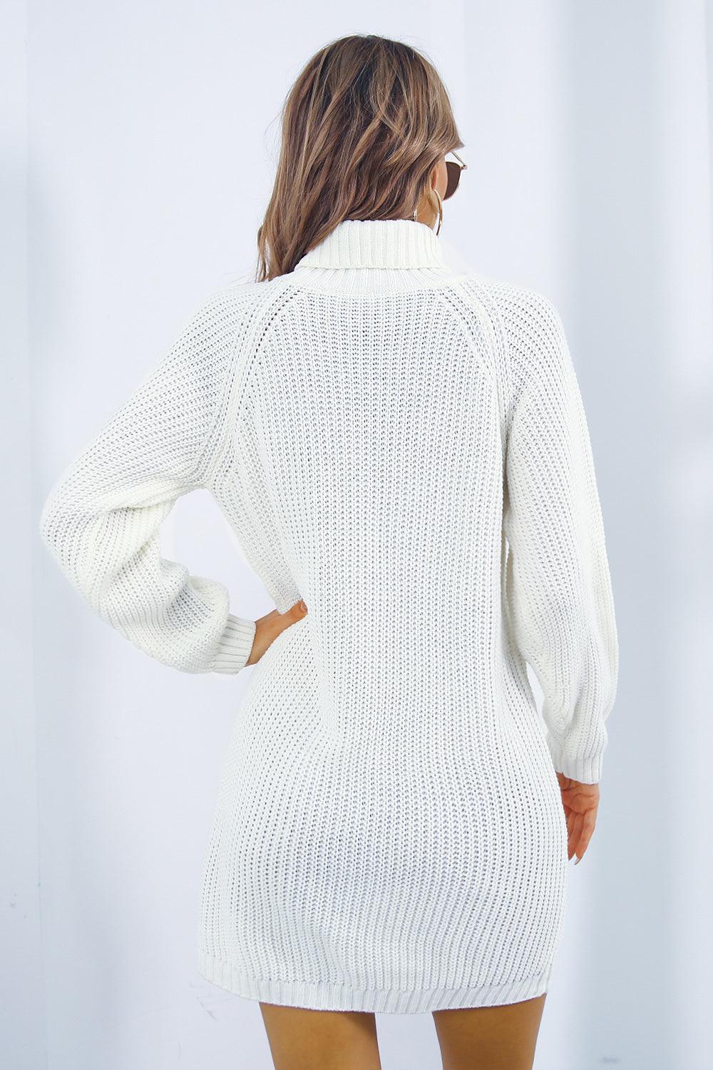 Buttoned Turtleneck Long Sleeve Sweater Dress - ClubOn