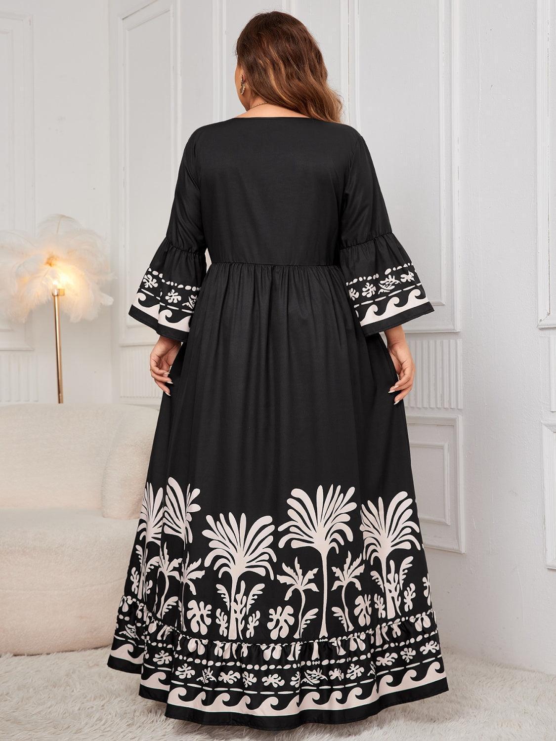 Honey Plus Size Printed V-Neck Long Sleeve Maxi Dress - ClubOn