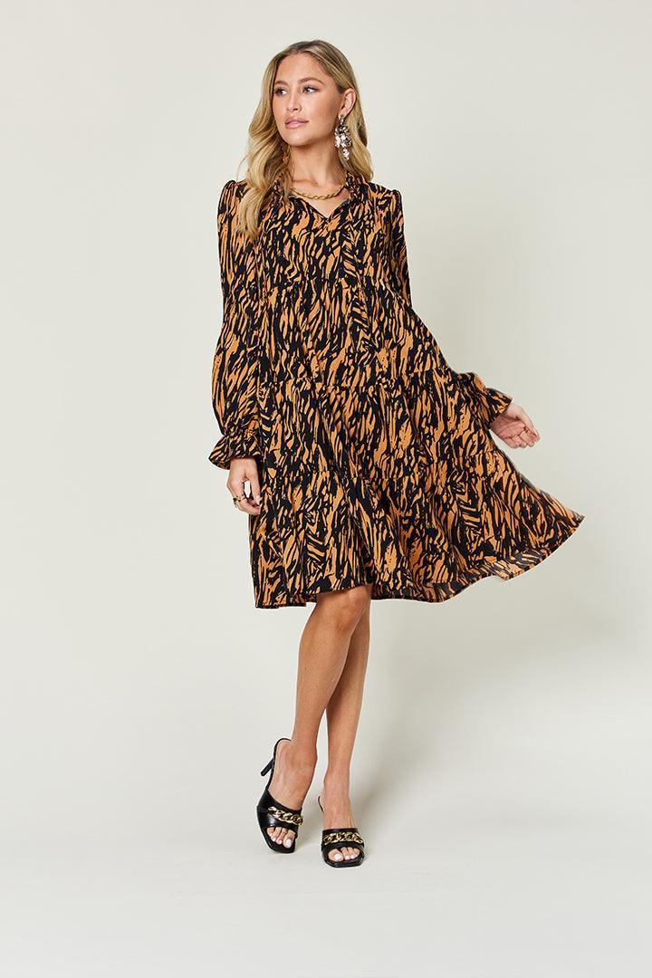 Double Take Full Size Printed Ruffle Hem Long Sleeve Dress - ClubOn