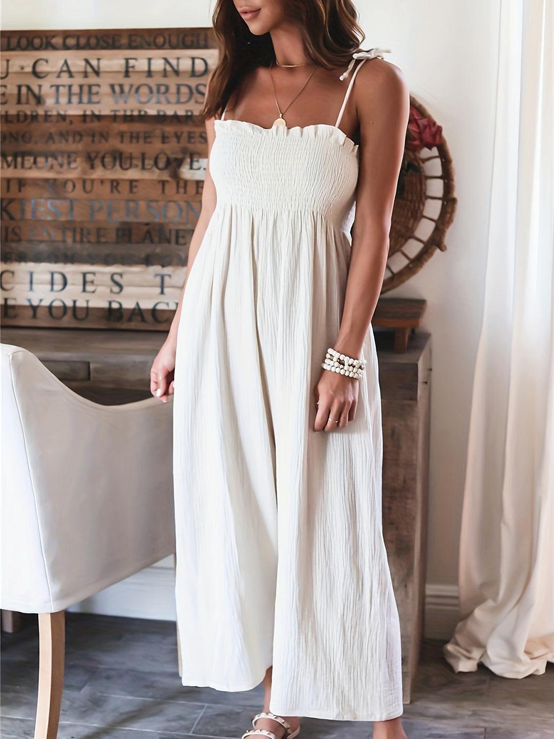 Full Size Smocked Spaghetti Strap Wide Leg Jumpsuit - ClubOn