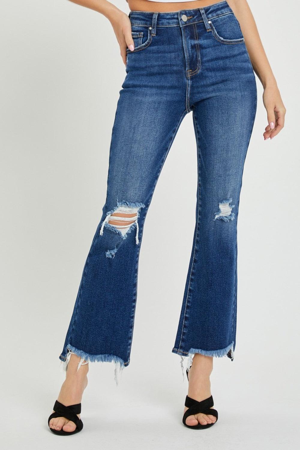 RISEN High Rise Distressed Crop Flare Jeans - ClubOn