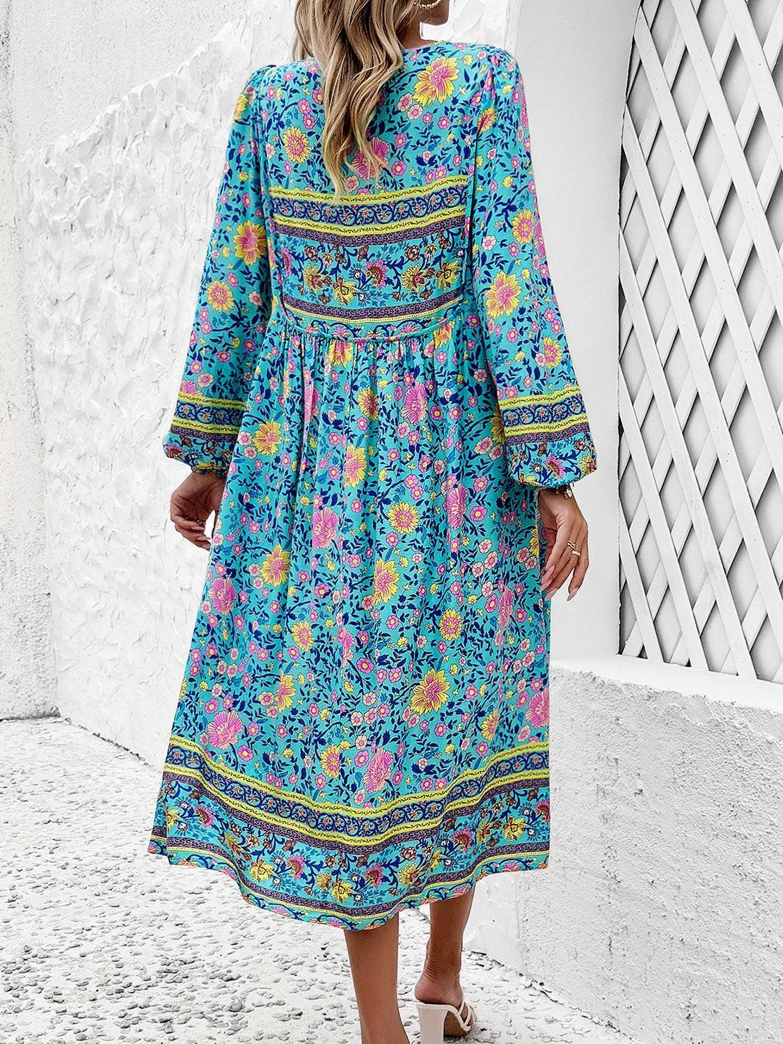 Devine Tassel Tied Printed Long Sleeve Dress - ClubOn